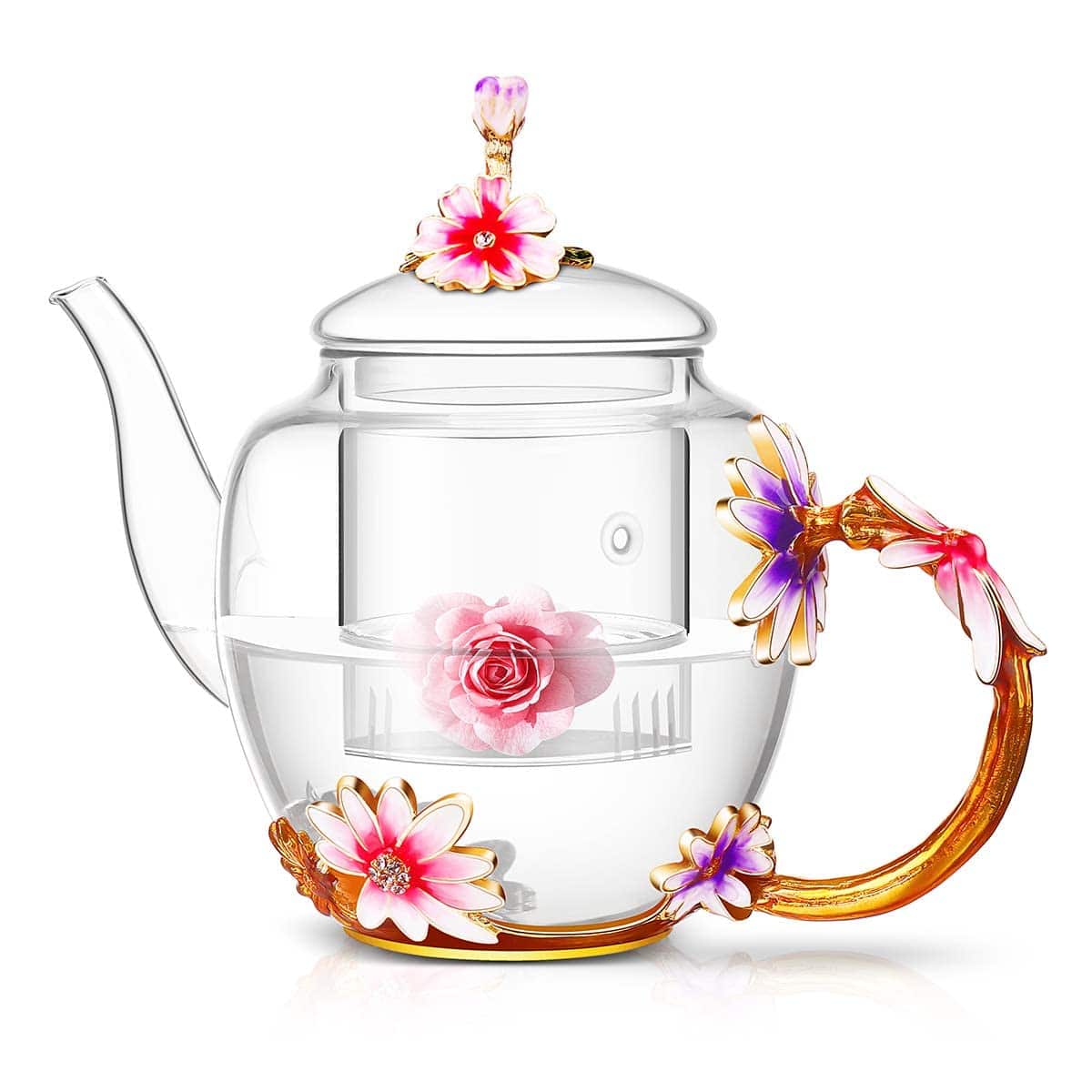 PARKER SLATER - 35oz Enamel Glass Flower Teapot With Removable Loose Tea Leaf Infuser Maker Gifts For Women Mom Mothers Day Christmas - Tea-Pot