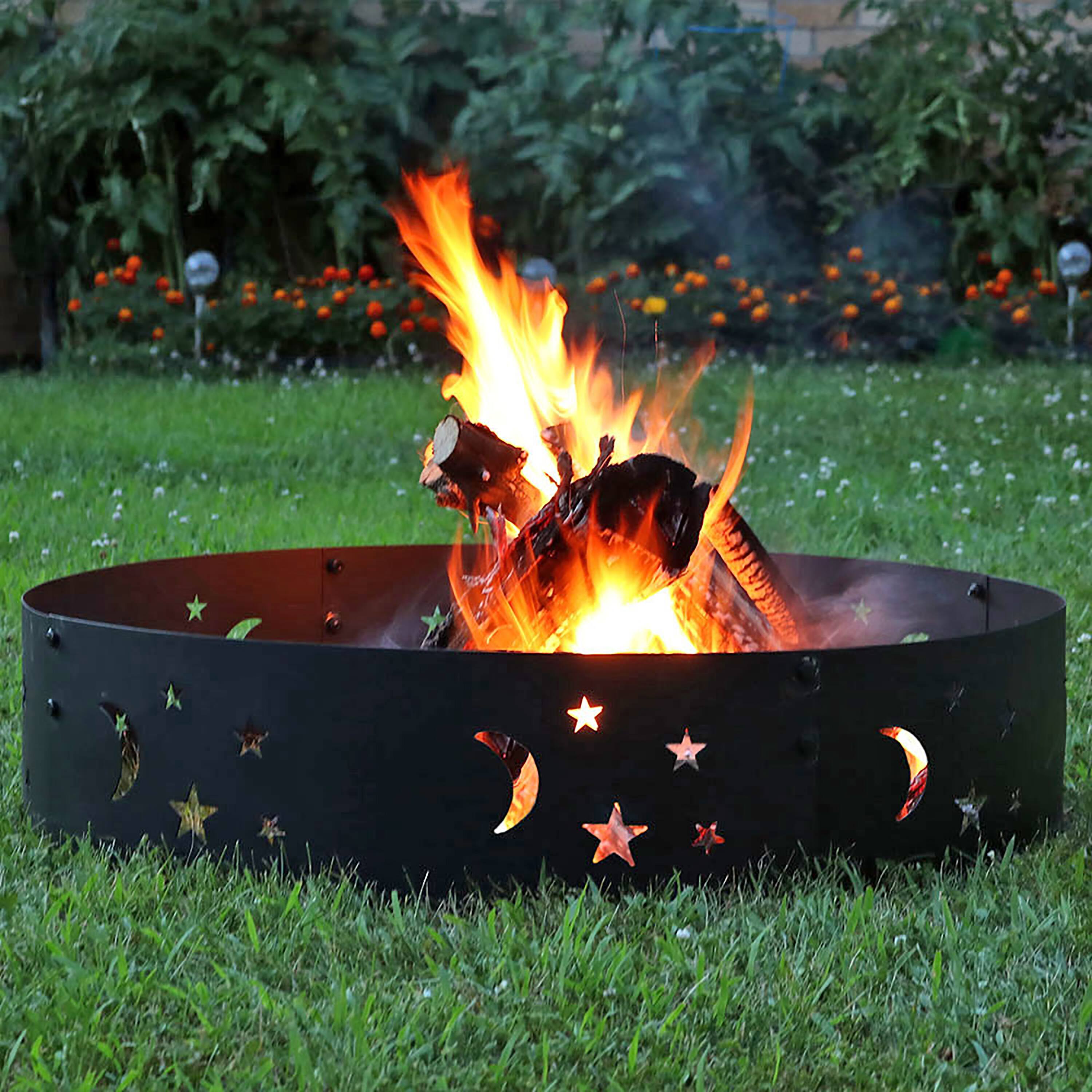 Alt View 7. Sunnydaze - 36 in Steel Die-Cut Stars and Moons Wood Burning Fire Pit Ring - Black.
