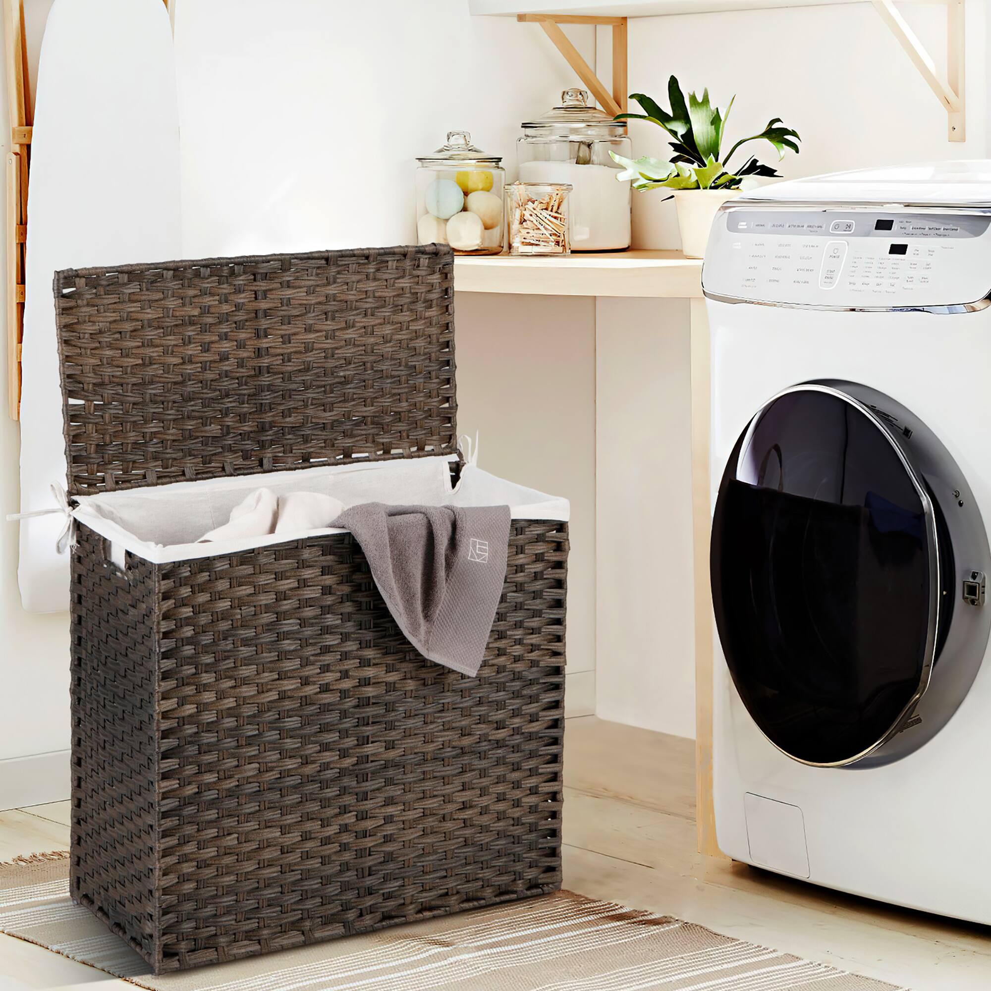 Alt View 11. Costway - 110L 3-Section Laundry Hamper w/Lid&Handle PE Rattan Clothes Hamper w/Liner Bag - Brown.