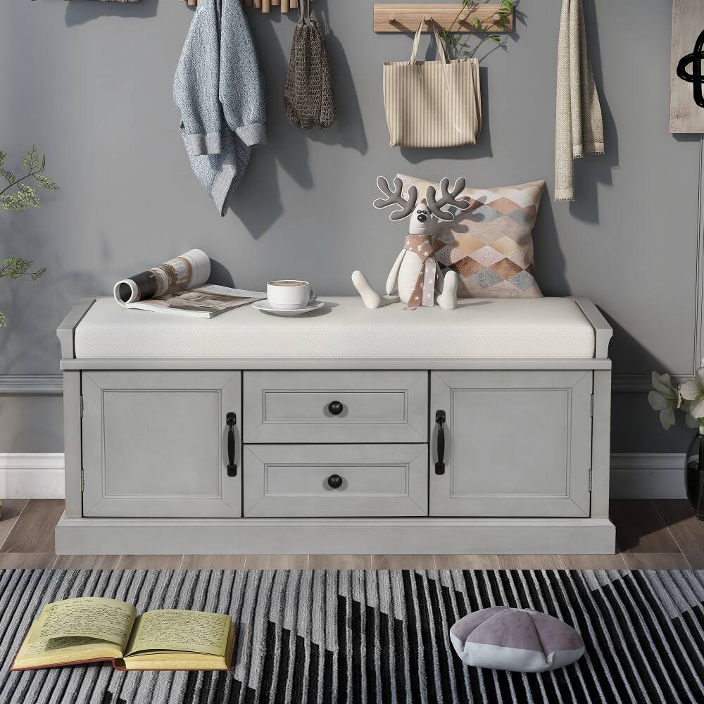 Alt View 8. Ropilly - Ropilly Gray Wash Storage Bench with Cushion, Entryway Shoe Bench with Drawers and Cabinets, Wooden Mudroom Seating - Gray Wash.