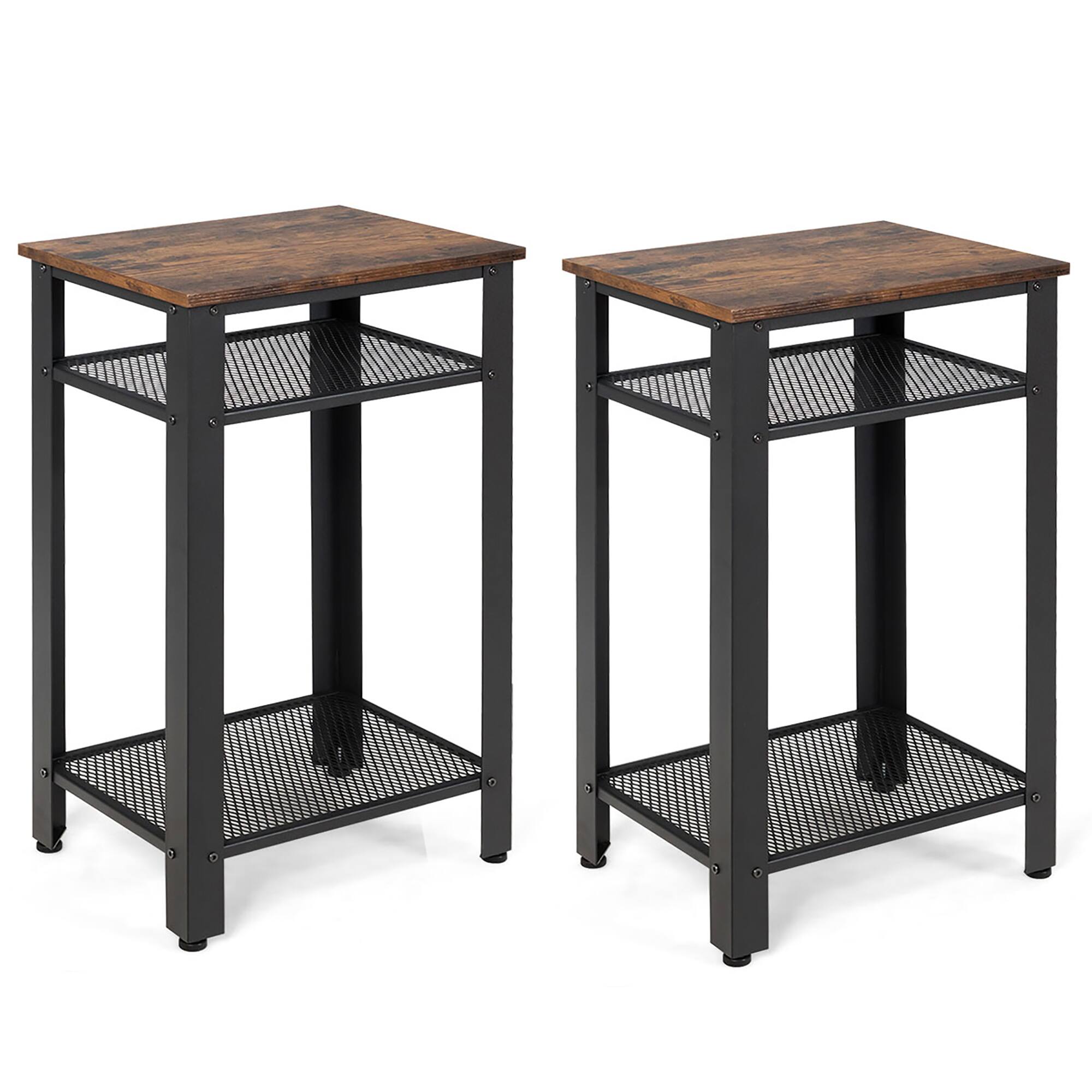 Alt View 7. Costway - Set of 2 3-Tier Industrial Tall Nightstand Side End Telephone Table w/ Shelves - Rustic Brown.