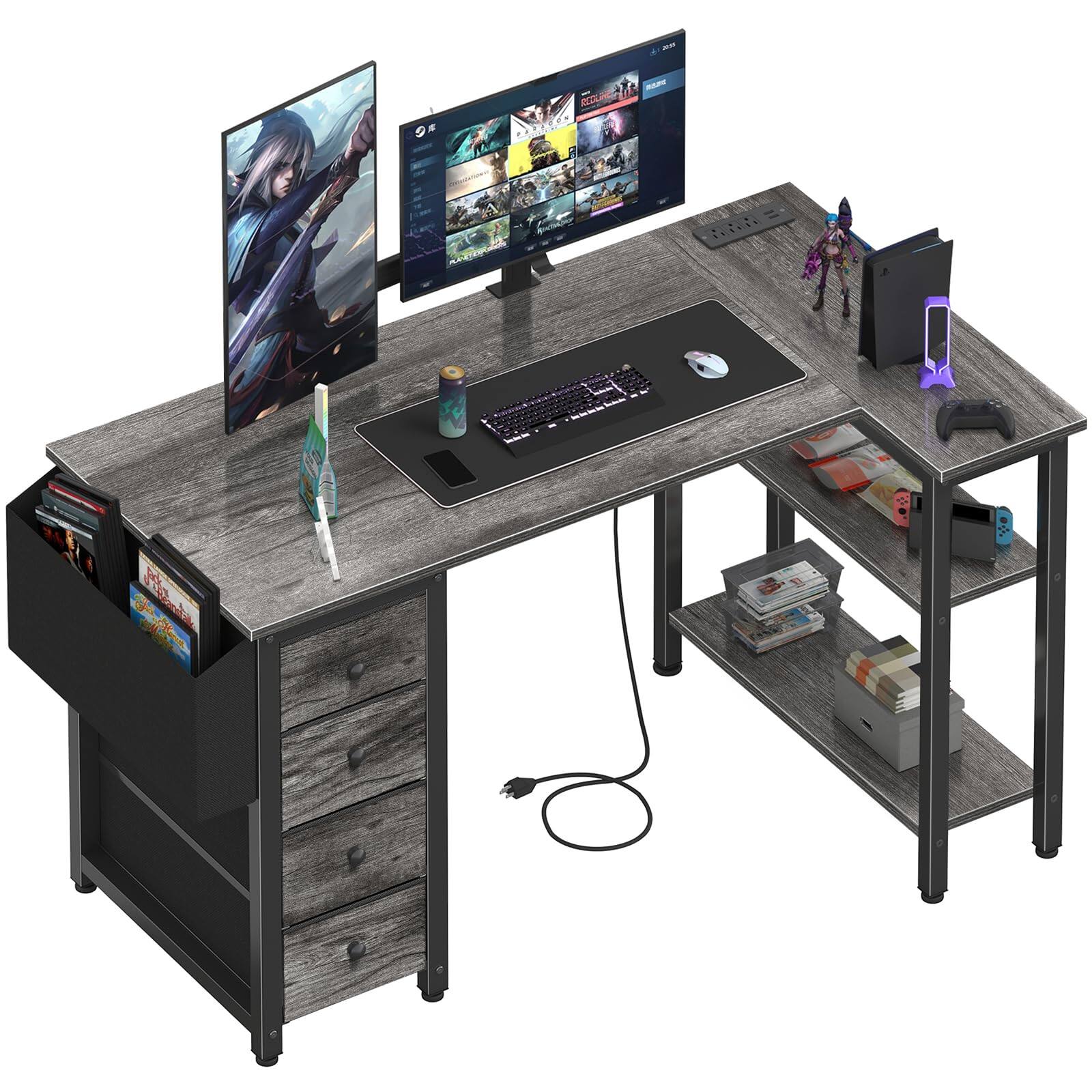 Hirose Alice - Lufeiya L Shaped Gaming Desk with Drawers & Storage Shelves, nch Reversible Corner Computer Desk with Power - Grey 47.2"