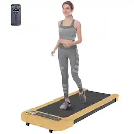 Soozier - Walking Pad, Under Desk Treadmill with 17" x 43" Wide Belt, Remote Control, Bluetooth Speaker, Wheels and LED Display - Natural Wood