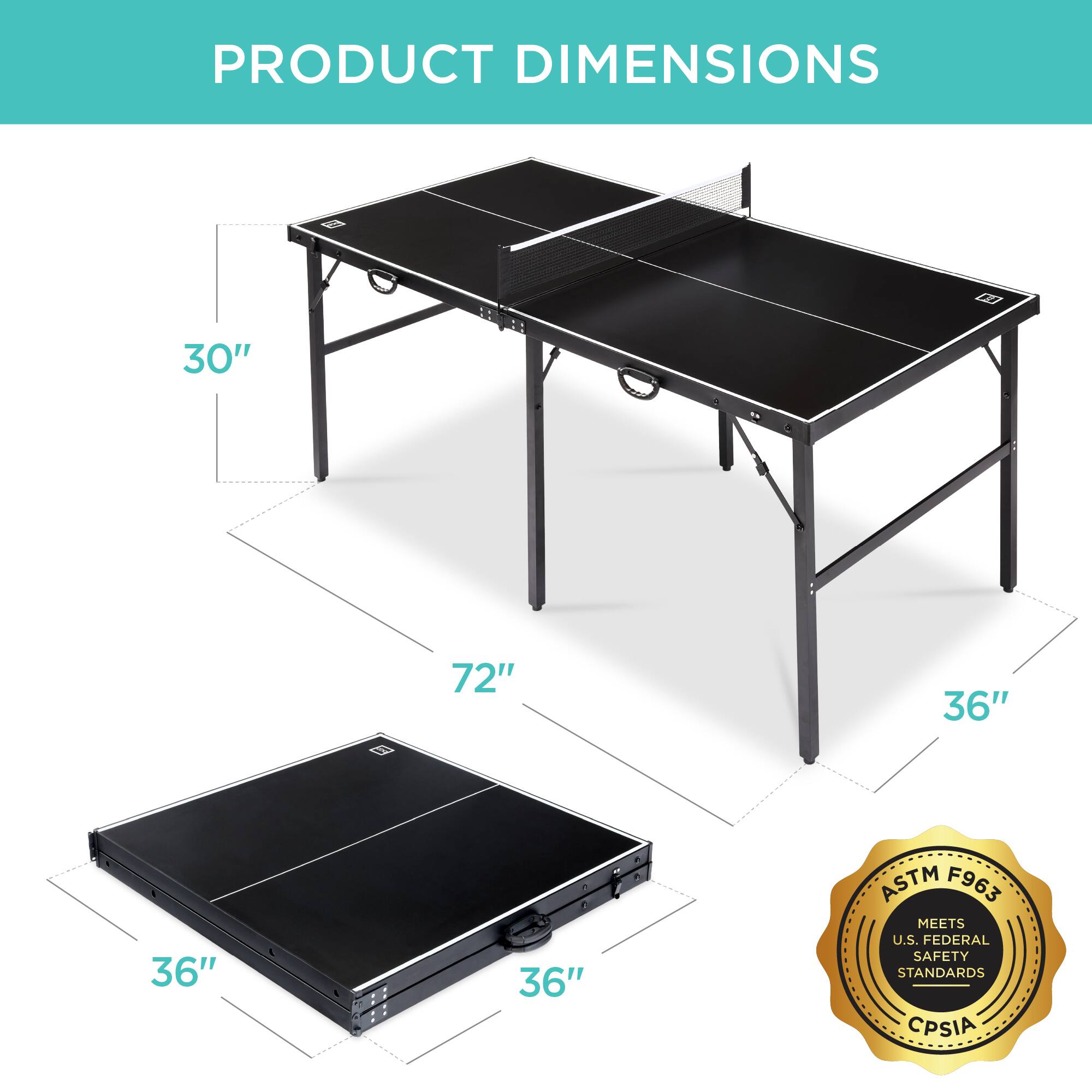 The product dimensions are 30" x 72" and 36" x 36". It meets U.S. federal safety standards (ASTM F963) and CPSIA.
