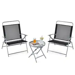 Gymax - 3 Piece Patio Folding Chair Set w/ Coffee Table & Extra-Large Seat Porch Backyard Poolside - Black/Silver
