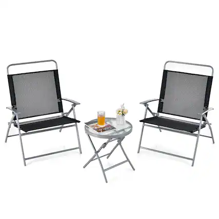 Front. Gymax - Gymax 3 Piece Patio Folding Chair Set w/ Coffee Table & Extra-Large Seat Porch Backyard Poolside - Black, Silver.