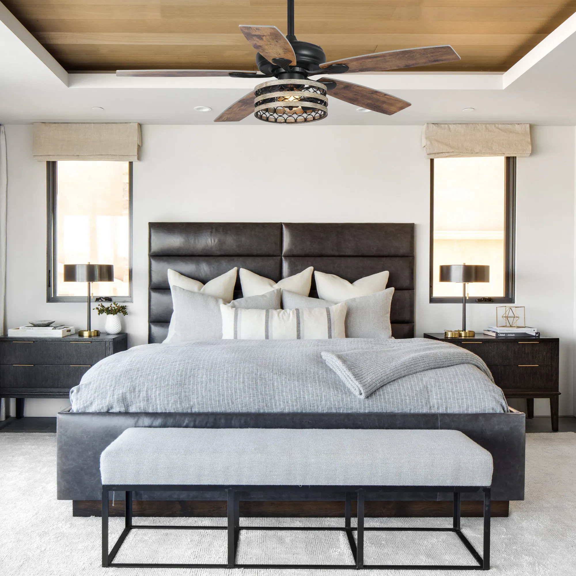 Left. Parrot Uncle - 52" Farmhouse Driftwood 5-Blade Black Caged Chandelier Ceiling Fan with Remote - Black.