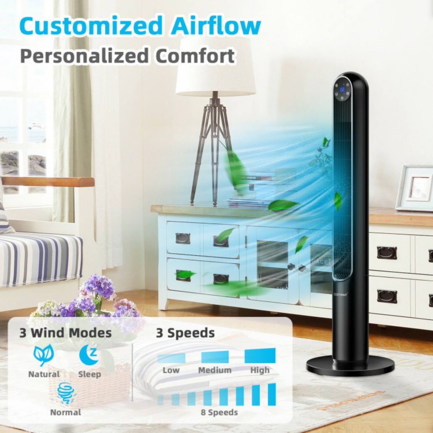 Customized Airflow  
Personalized Comfort  

3 Wind Modes  
- Natural  
- Sleep  
- Normal  

3 Speeds  
- Low  
- Medium  
- High  

8 Speeds
