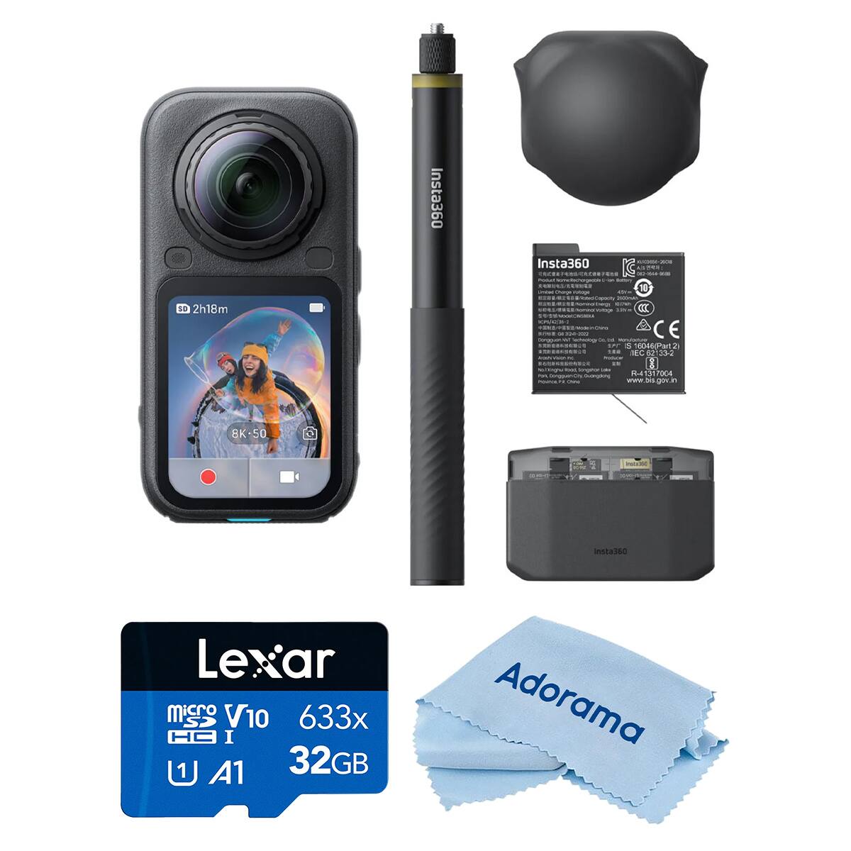 SD 2h18m  
Insta360  
Insta360: PRODULT - United Charge Hotage 40vm Rated Capacity 25GllmAh Total Energy: 1004200 OVG CE 00 Dongguan w goberbal 06 up SAT S 16046 (Part 2 THE IEC 33-2 nc Producal INTERENCE = No.1Kinghu 100% longshar to FOR R4 41317004 DongguenCity Guangdong hounce " Chee www.bis.gov.in  
8K-50  
500kant  
W  
Insta360  
Lexar micro SD V10 633x HC I U A1 32GB  
Adorama