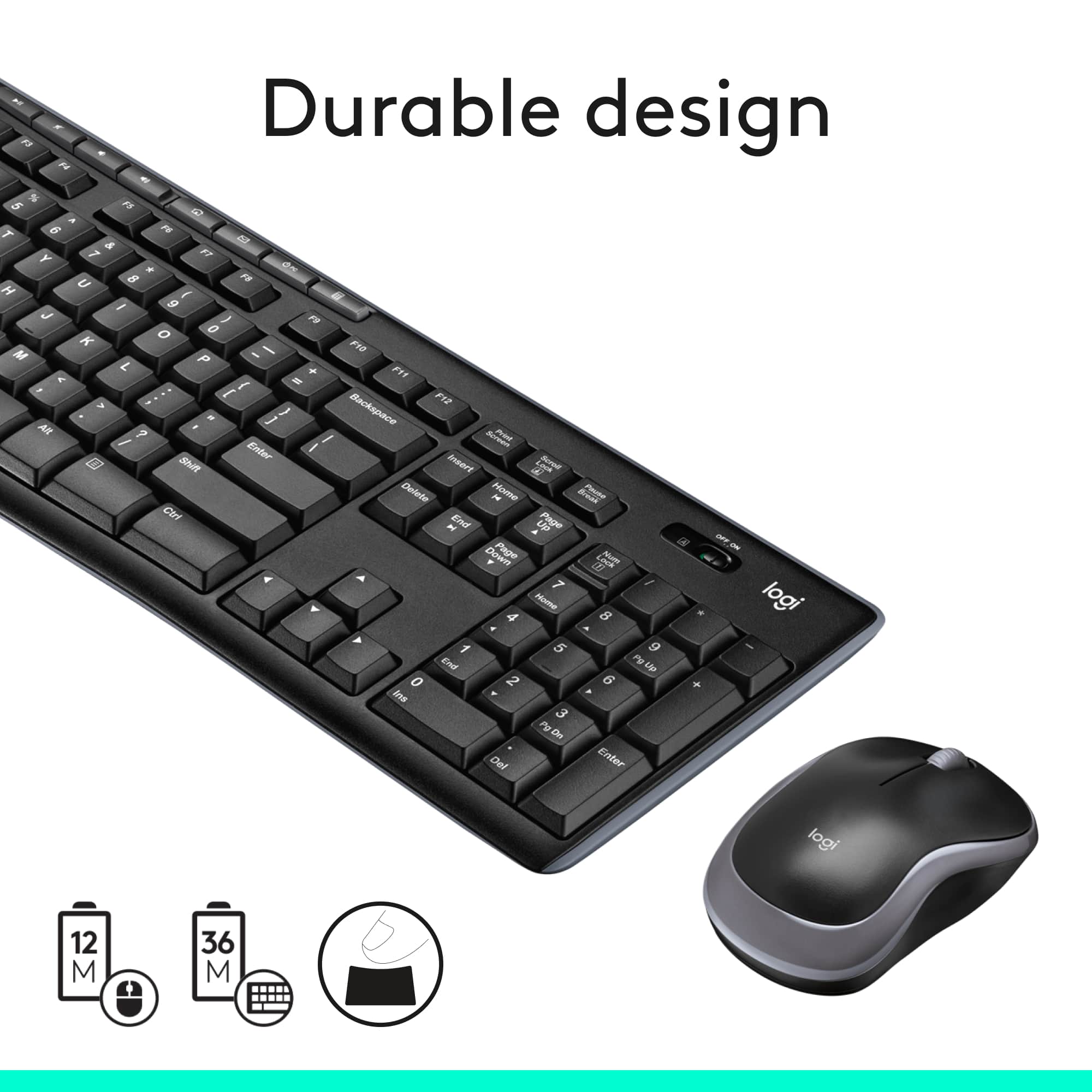 A Durable Design P keyboard is shown with a mouse. The keyboard has a black color and is designed to be durable.