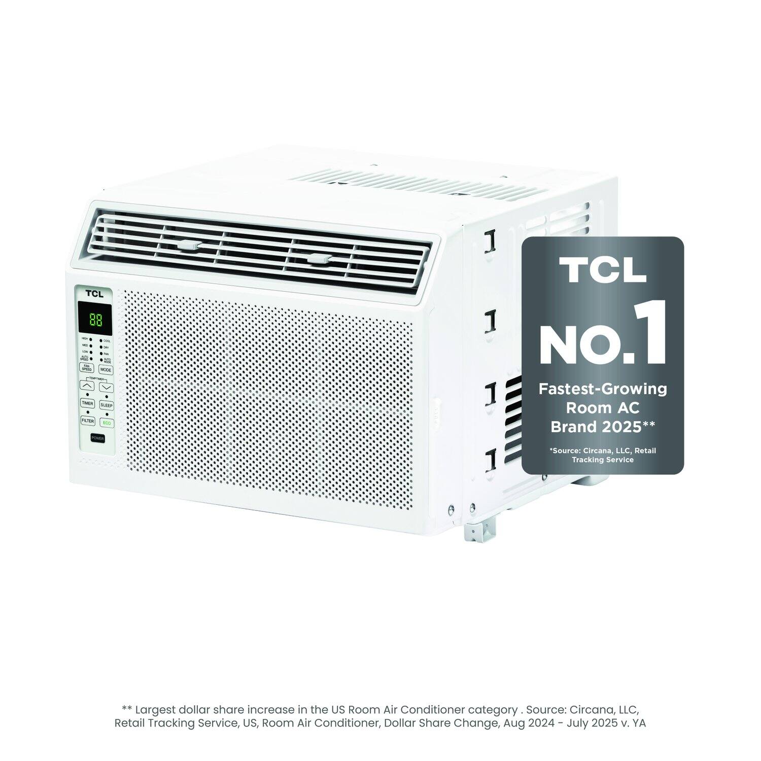 TCL 88 - A - r - 1  
TCL 1  
No.1  
Fastest-Growing Room AC Brand 2025**  
Source: Circana, LLC, Retail Tracking Service  

**Largest dollar share increase in the US Room Air Conditioner category. Source: Circana, LLC, Retail Tracking Service, US, Room Air Conditioner, Dollar Share Change, Aug 2024 - July 2025 v. YA