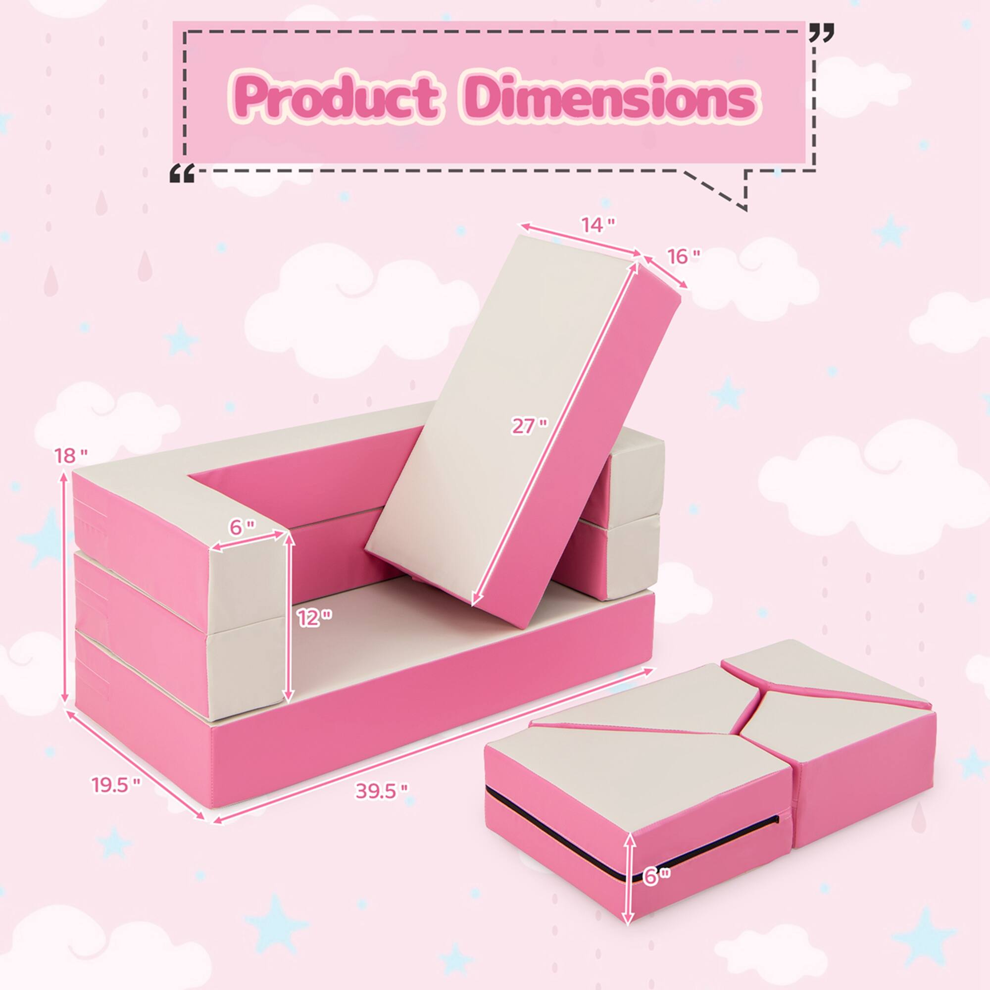 Product Dimensions

- 14" x 16" x 27"
- 18" x 6" x 12"
- 19.5" x 39.5" x 6"