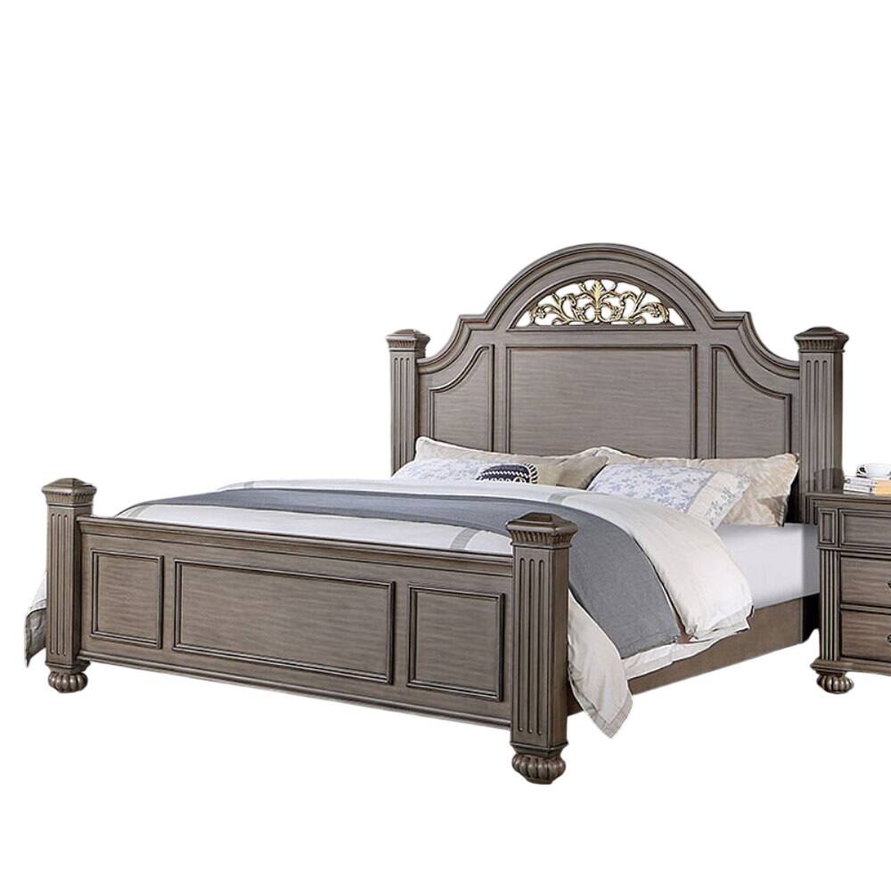Alt View 3. Tiramisubest - King Size Gray Panel Bed with Floral Headboard, Solid Wood, 93x82x67, 150 lbs - Gray.