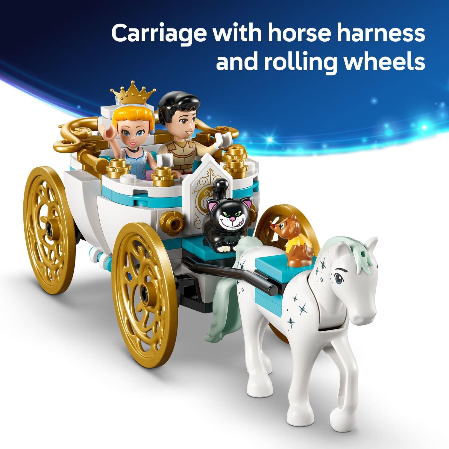 Carriage with horse harness and rolling wheels.