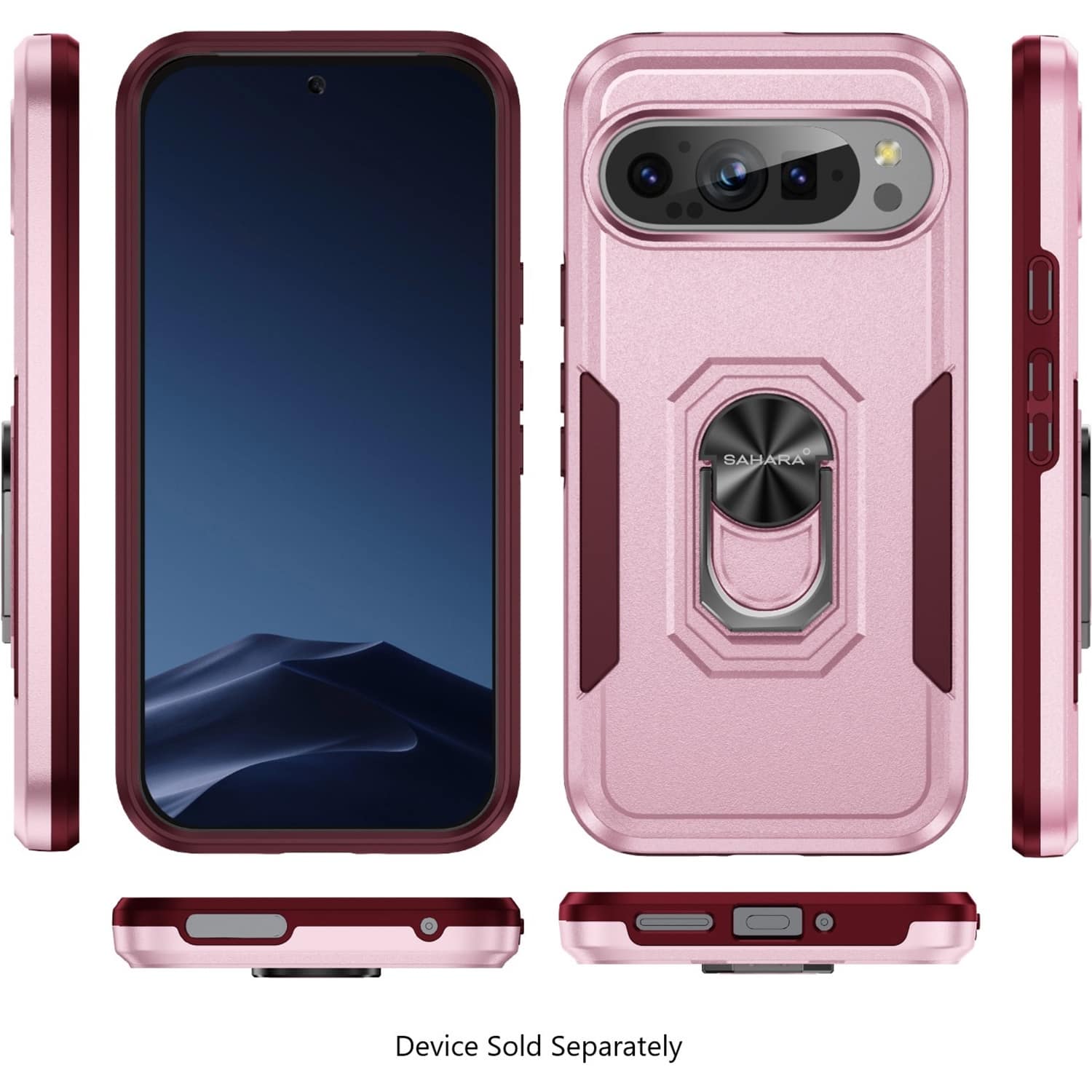 The image shows a pink and black case for a cell phone, with the phone placed inside the case. The case is designed to protect the device and is available for purchase separately.