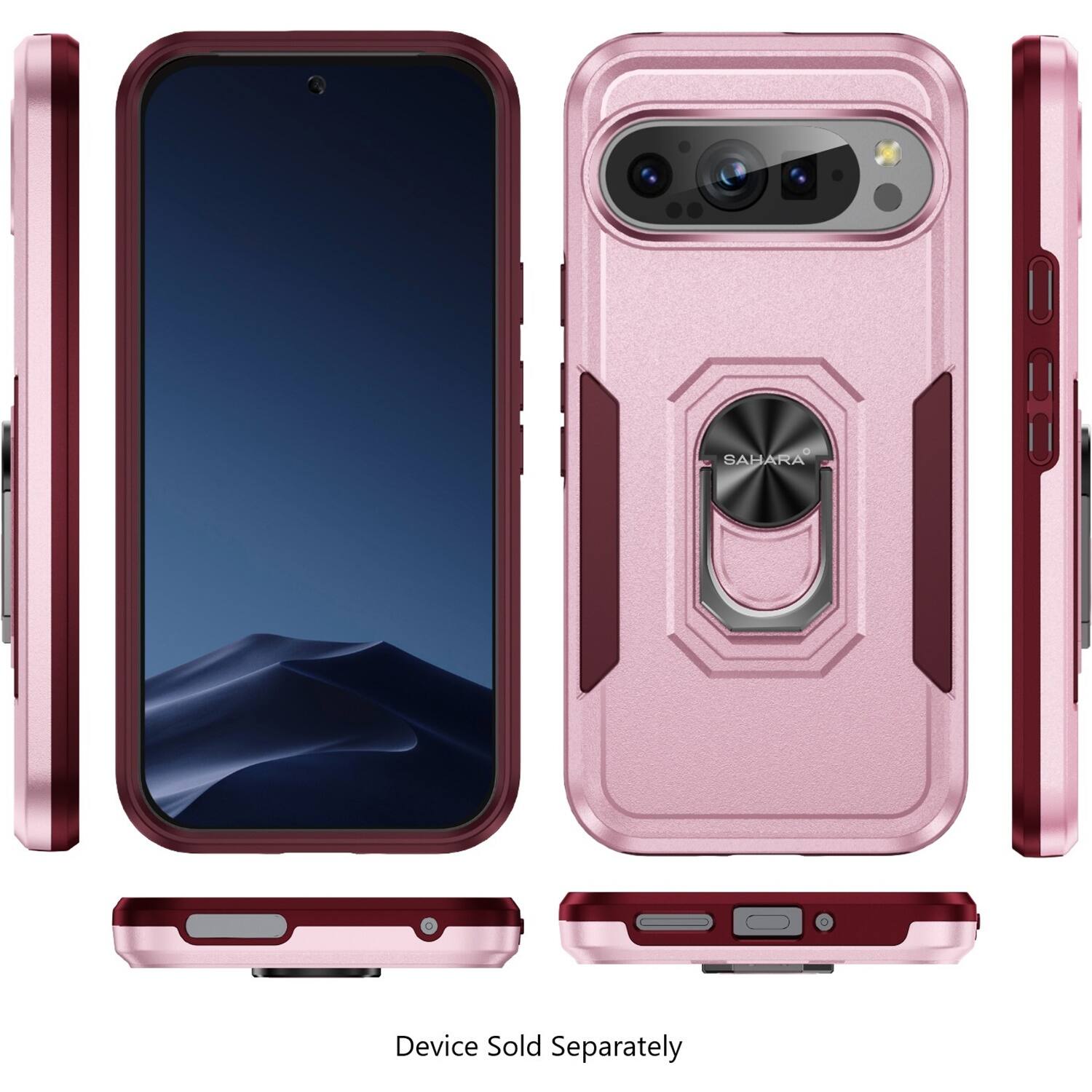 The image shows a pink and black case for a cell phone, with the phone placed inside the case. The case is designed to protect the device and is available for purchase separately.