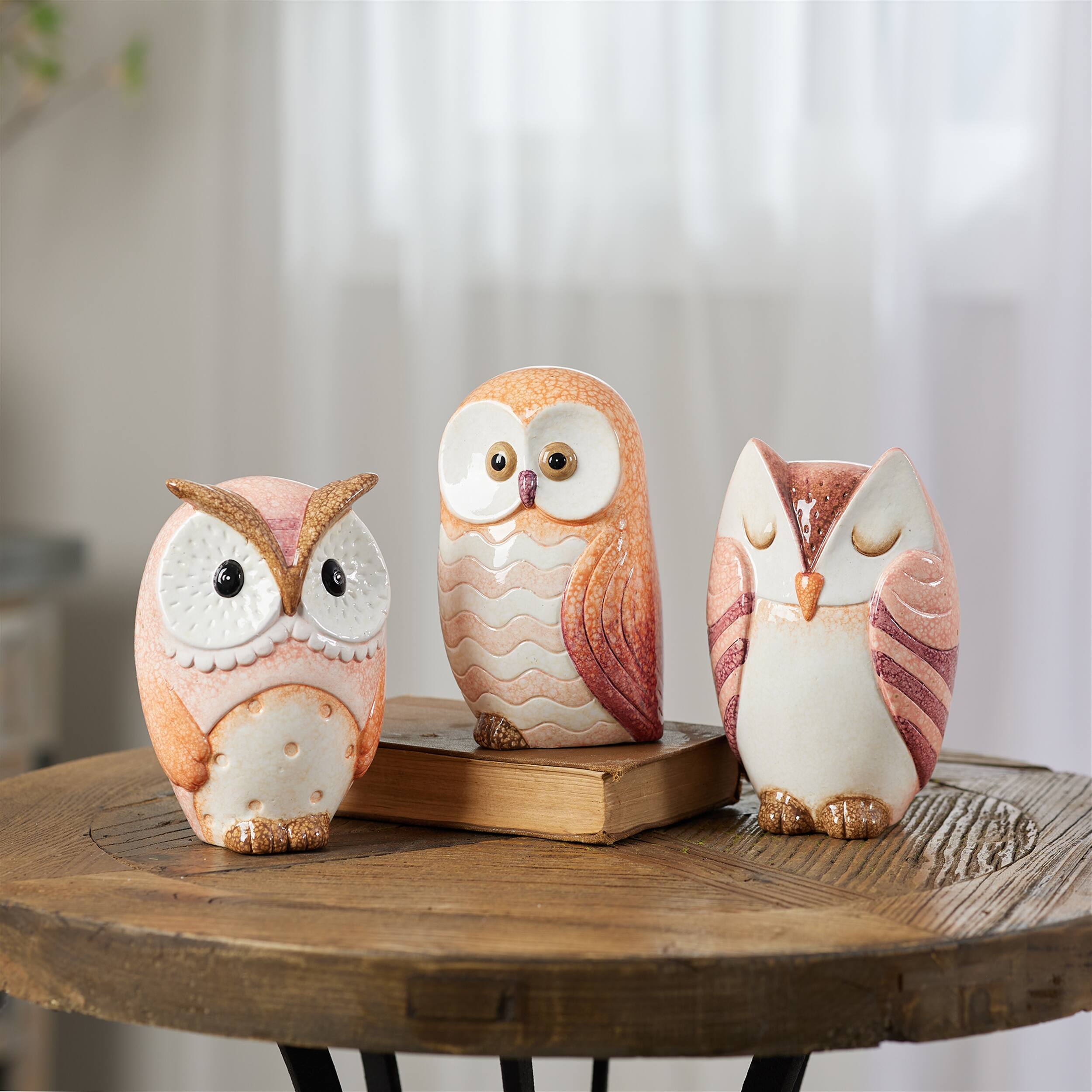 Angle. BreeBe - Terra Cotta Owl Decor (Set of 3) - Pink, Beige.