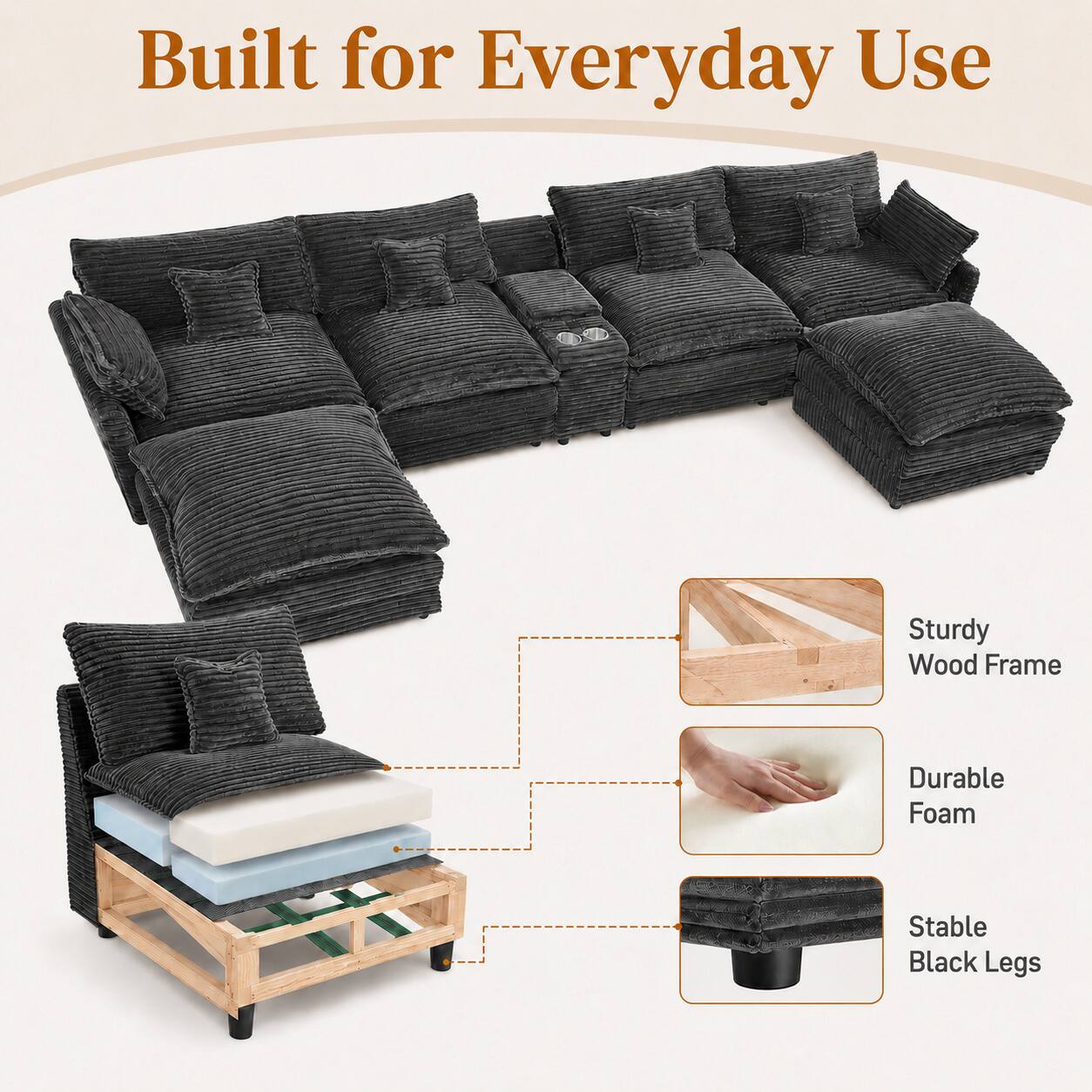 Built for Everyday Use  
Sturdy Wood Frame  
Durable Foam  
Stable Black Legs