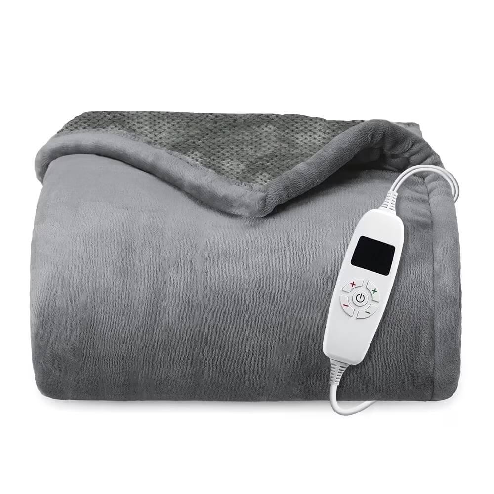 MOVSSOU - Heated Throw Blanket 60''x70'' - 10 Heat Settings & 8-Hour Timer, Flannel & Velvet, Machine Washable - Gray