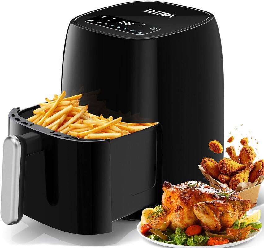 OSTBA - Air fryer 4.5QT with Smart LED Touch& 6 Program presets, Adjustable Time/Temp&Dishwasher-safe basket - Black