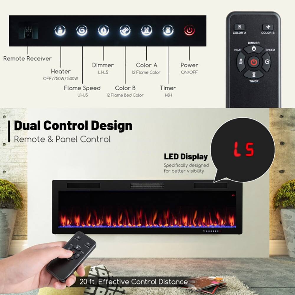 SN COLOR A COLOR  
Remote Receiver Dimmer Color A Power Heater L1-L5 12 Flame Color ON/OFF OFF/750W/1500W Flame Speed Color B Timer UI-US 12 Flame Bed Color 1-8H MEAT  
DIMMER SPEED EC TIMER  
Dual Control Design Remote & Panel Control  
LED Display  
Specifically designed for better visibility  
LS 20 ft Effective Control Distance