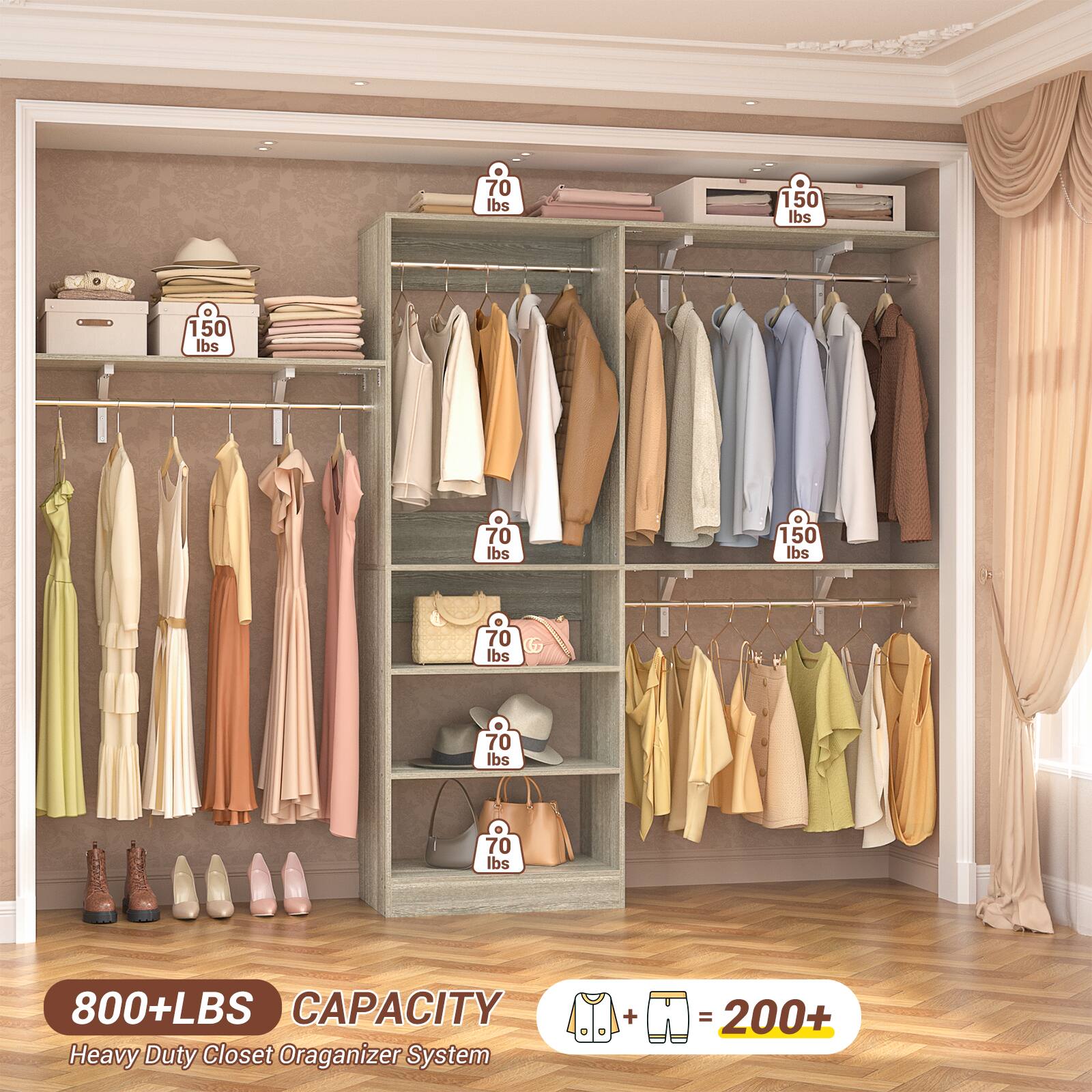 70 lbs  
150 lbs  
70 lbs  
150 lbs  
70 lbs  
70 lbs  
70 lbs  
800+LBS CAPACITY  
Heavy Duty Closet Organizer System  
= 200+