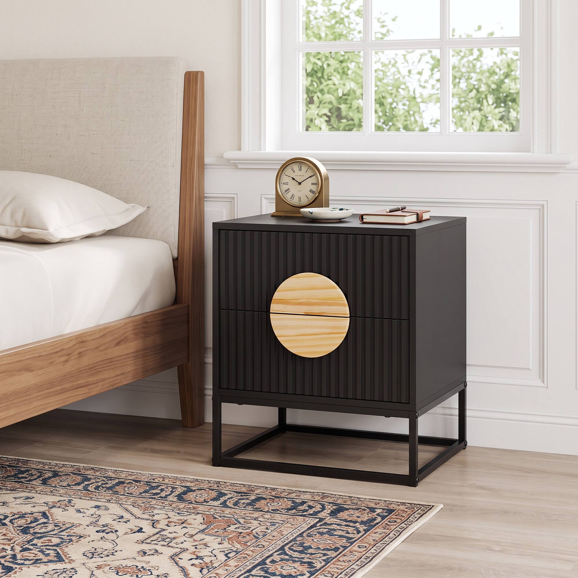 Alt View 3. WELLFOR - Mid-Century Modern Fluted Nightstand with 2 Drawers and Pine Wood Handles - Black.