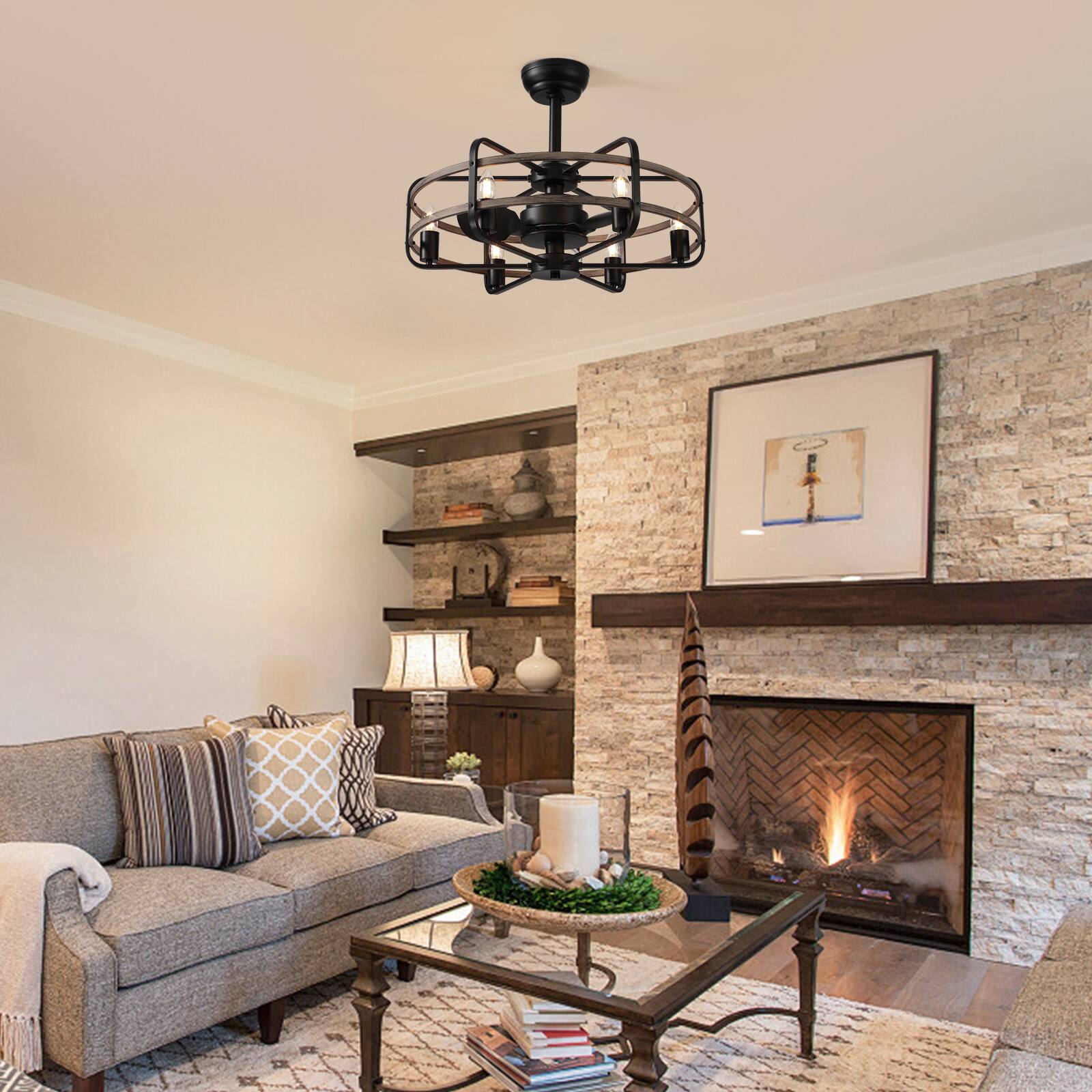 Left. Siljoy - 24-inch Farmhouse Caged Ceiling Fan with 6 Lights Rustic Wood Grain Bladeless Fan Light for Bedroom Living Room Foyer - Gray wood grain.