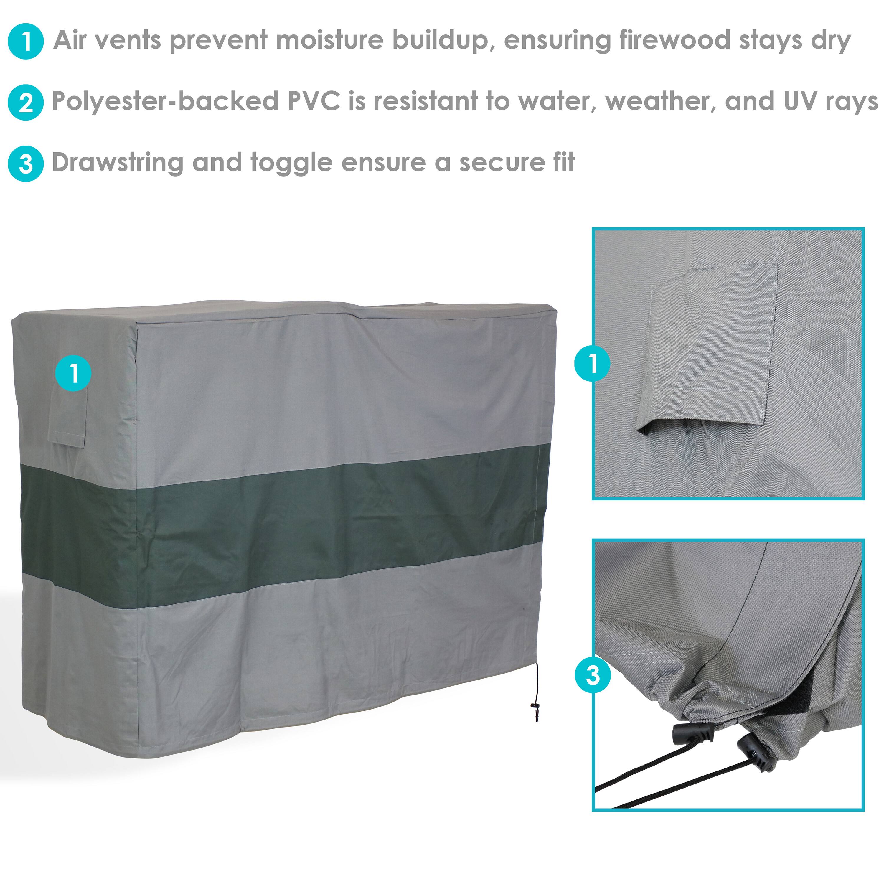 1. Air vents prevent moisture buildup, ensuring firewood stays dry
2. Polyester-backed PVC is resistant to water, weather, and UV rays
3. Drawstring and toggle ensure a secure fit