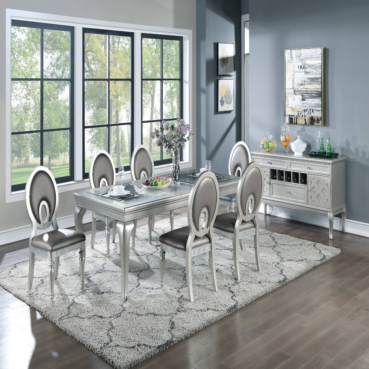 Alt View 5. Loheer - Loheer Silver Rectangular Dining Table With Glass Insert Top and Extension Leaf - Champagne and silver.