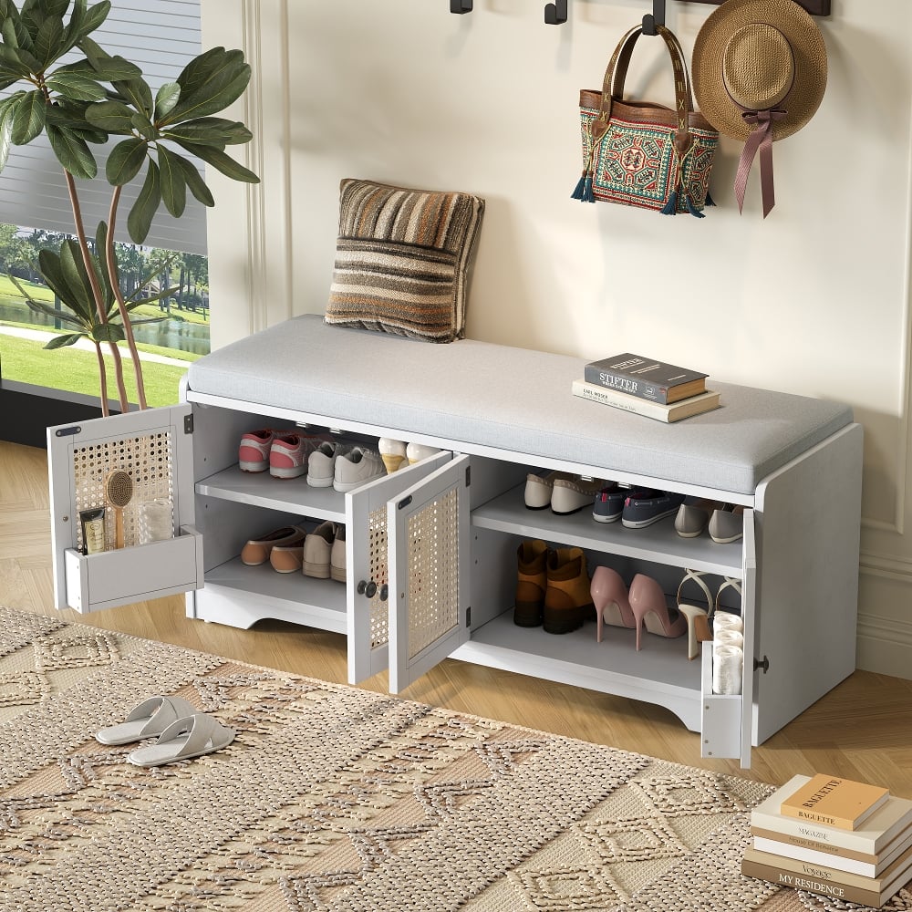Ropilly - Rustic Wood Entryway Shoe Bench with Removable Cushion and Woven Rattan Doors White Storage Bench - White and Beige price history on PriceWatchPro
