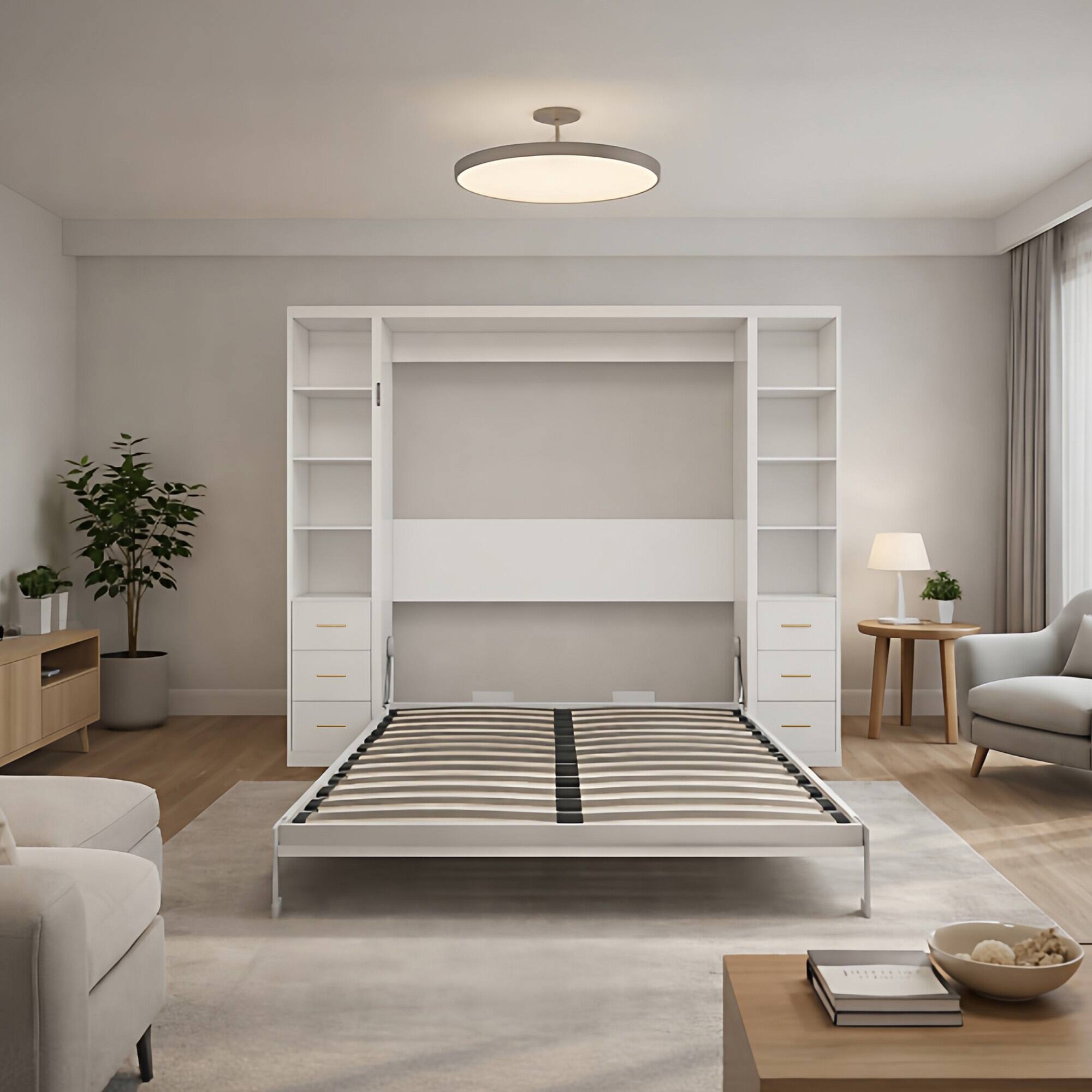 Left. Anysun - Professional Queen Invisible Folding Bed with Side Storage - White Cabinet & Grey Frame for Home, School, Hotel - White.