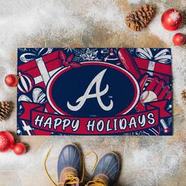 Evergreen Enterprises - Atlanta Braves 28" x 16" Happy Holidays Christmas Turf Door Mat - Multicolor