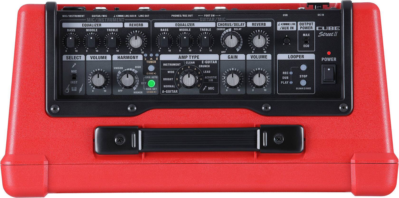 MIC/INSTRUMENT  
GUITAR/MIC  
CUBE LINK/AUX IN  
LINE OUT  
MIC/INSTRUMENT  
EQUALIZER  
REVERB  
BASS  
MIDDLE  
TREBLE  

PHONES/REC OUT  
FOOT SW  
GUITAR/MI  
EQUALIZER  
CHORUS/DELAY  
REVERB  
BASS  
MIDDLE  
TREBLE  
CHORUS  
DELAY  

USB  
DC IN  
CUBE LINK OUTPUT / AUX IN  
POWER  

CUBE MAX Street II  
D 10  
D 10  
D 50  

SELECT  
VOLUME  
HARMONY  
TUNER  
AMP TYPE  
GAIN  
VOLUME  

MIC  
INST  
HIGH  
UNISON  
E-GUITAR  
INSTRUMENT  
HIGH  
G CRUNCH  
UNISON  
A-GUITAR  
ACOUSTIC  
BRIGHT  
NORMAL  
MIC  

E-GUITAR  
VOLUME  
ECO  
LOOPER  
REC  
STOP  
DUB  
PLAY  
CLEAR (2 SEC)  

POWER