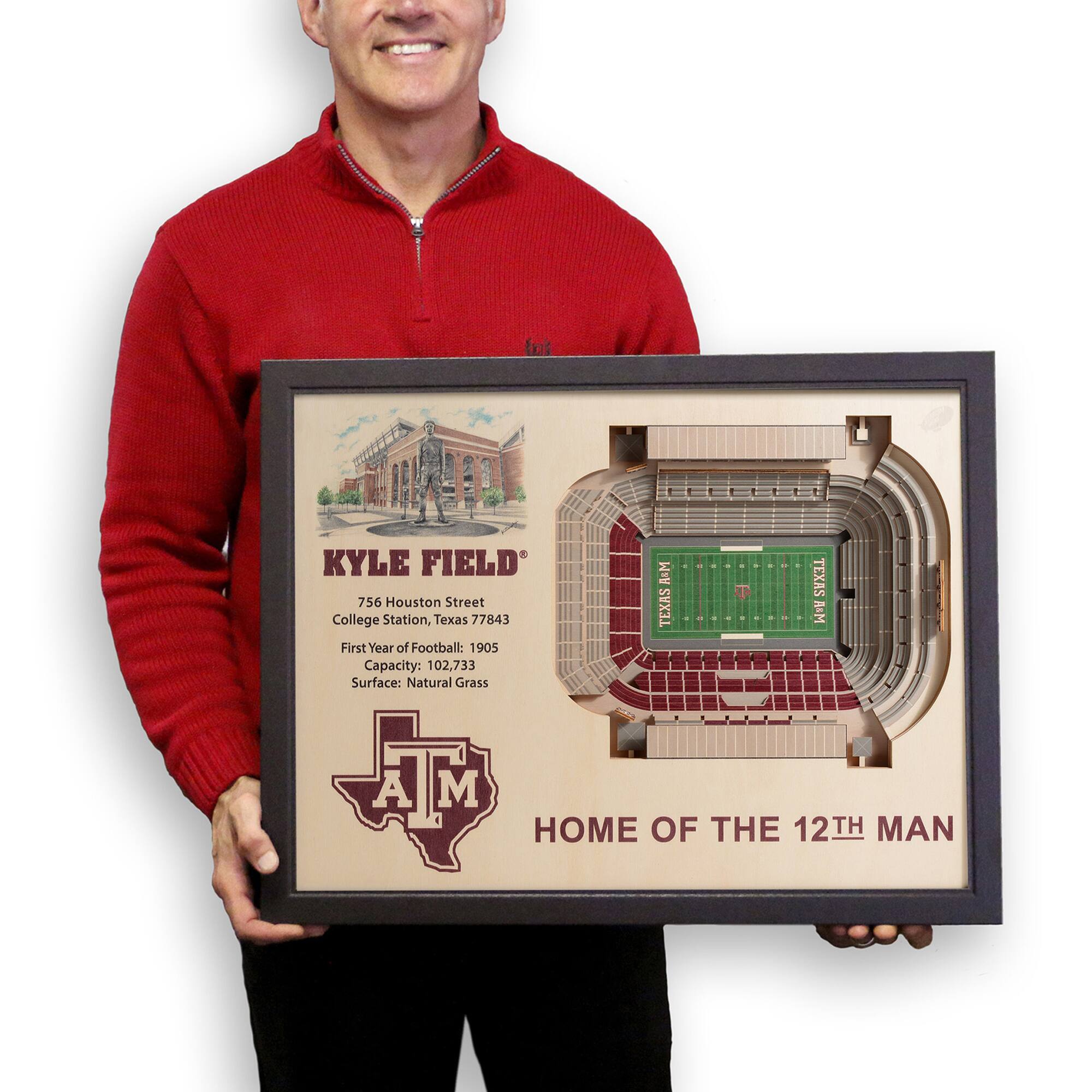KYLE FIELD  
756 Houston Street  
College Station, Texas 77843  
First Year of Football: 1905  
Capacity: 102,733  
Surface: Natural Grass  

HOME OF THE 12TH MAN  

R&M TEXAS A&M HOME OF THE 12TH MAN