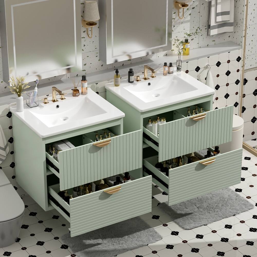 Back. Loheer - Loheer 48 inch Wall Mounted Bathroom Vanity Green Floating Double Vanity with Ceramic Sinks - Green.