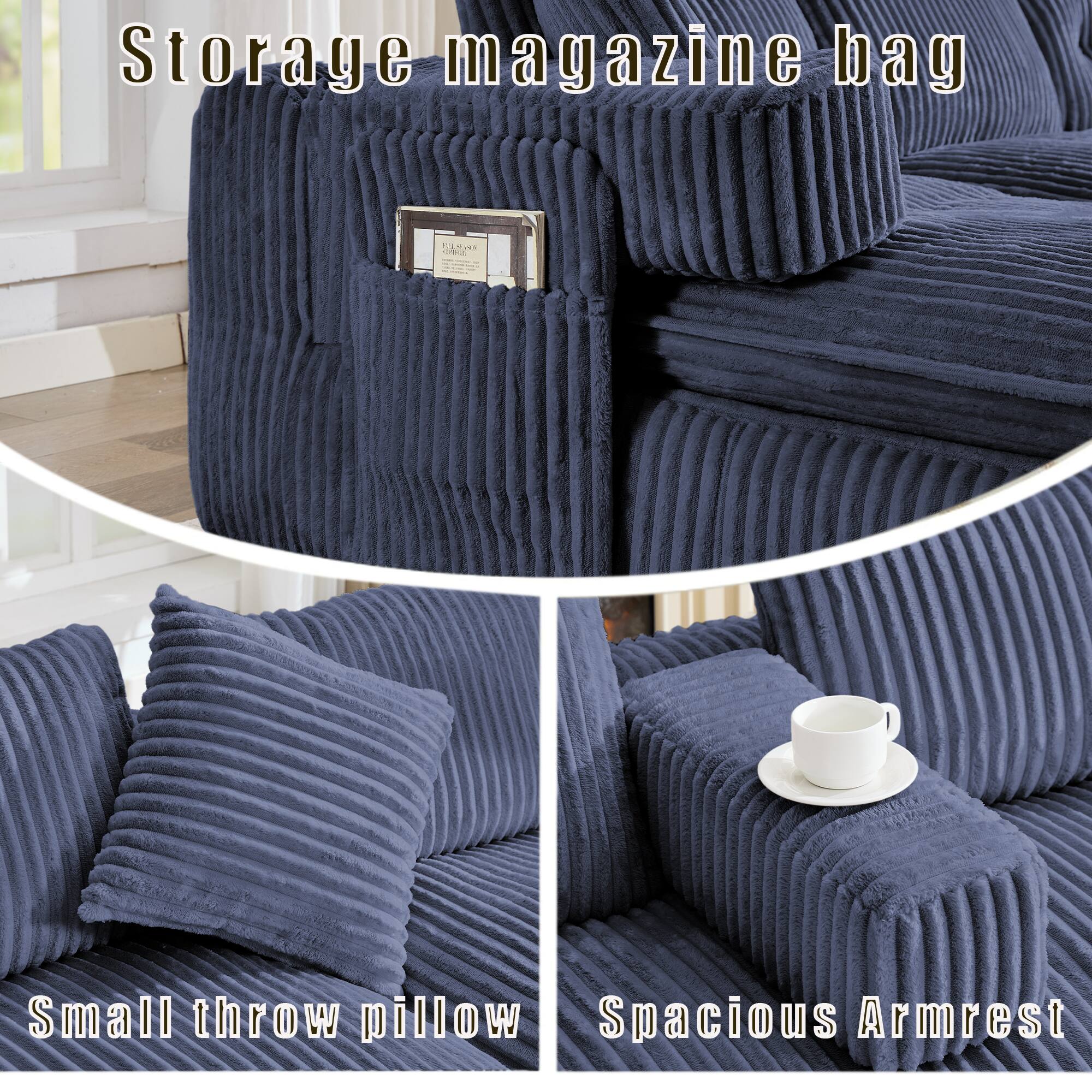 Storage magazine bag  
Small throw pillow  
Spacious Armrest