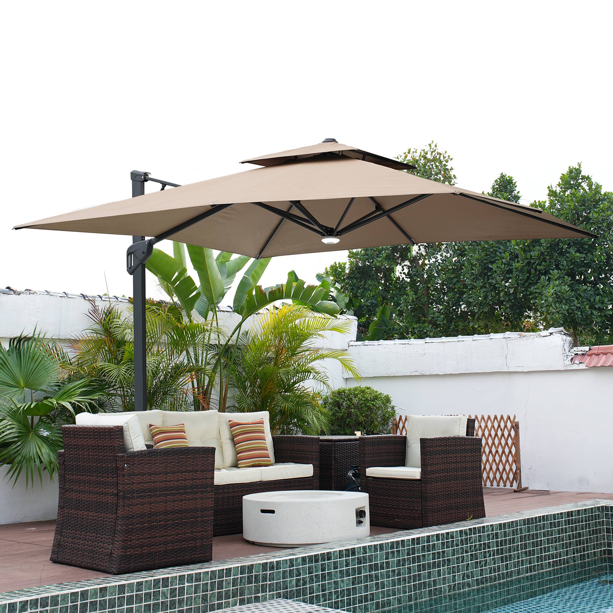 Alt View 4. Mondawe - 10 x 10ft Square Cantilever Umbrella with Bluetooth Audio Atmosphere Light - Tan.