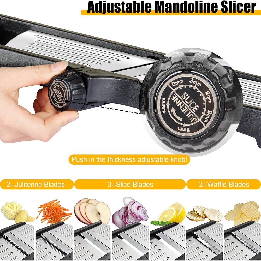 Adjustable Mandoline Slicer

Push in the thickness adjustable knob!

2--Julienne Blades  
3--Slice Blades  
2--Waffle Blades