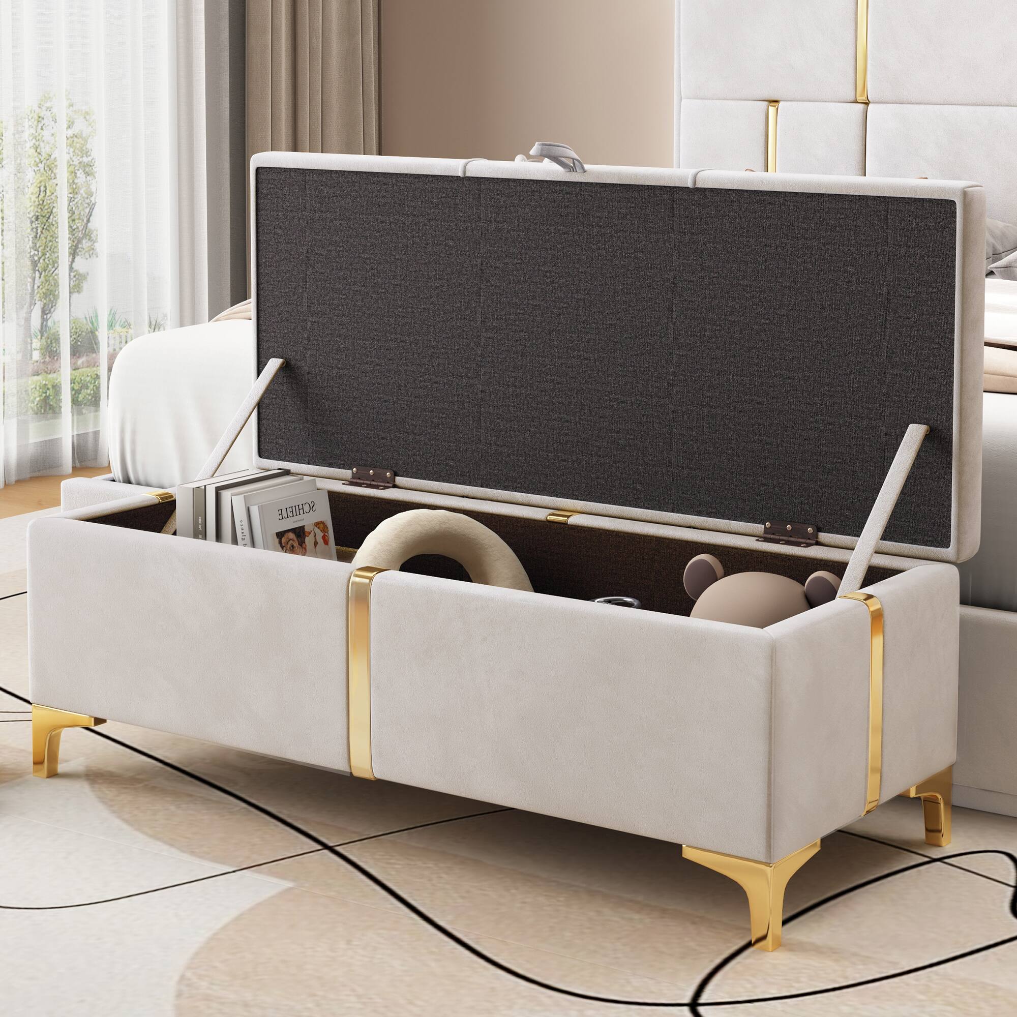 Angle. GOODSILO - Elegant Upholstered Storage Ottoman Bench with Metal Legs - Beige.