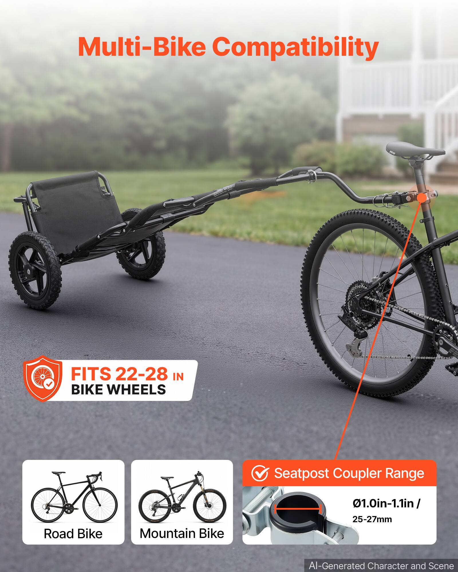 Multi-Bike Compatibility

FITS 22-28 IN BIKE WHEELS

Seatpost Coupler Range

Road Bike
Mountain Bike

01.0in-1.1in / 25-27mm

AI-Generated Character and Scene