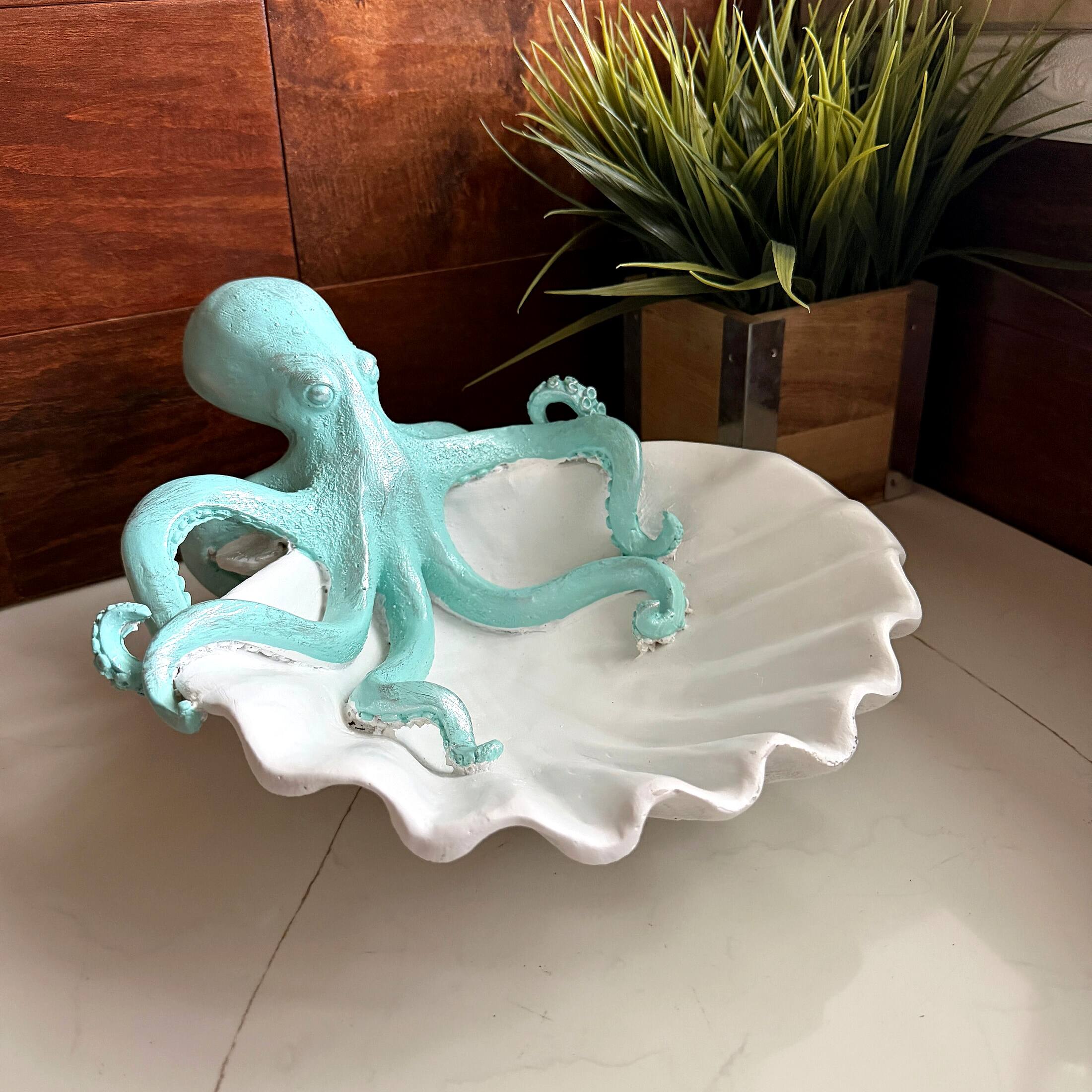Alt View 5. Fancy That - Decorative Octopus Shell Tray Coastal Resin Catchall Dish 10 X 10 X 6 In - White And Blue.