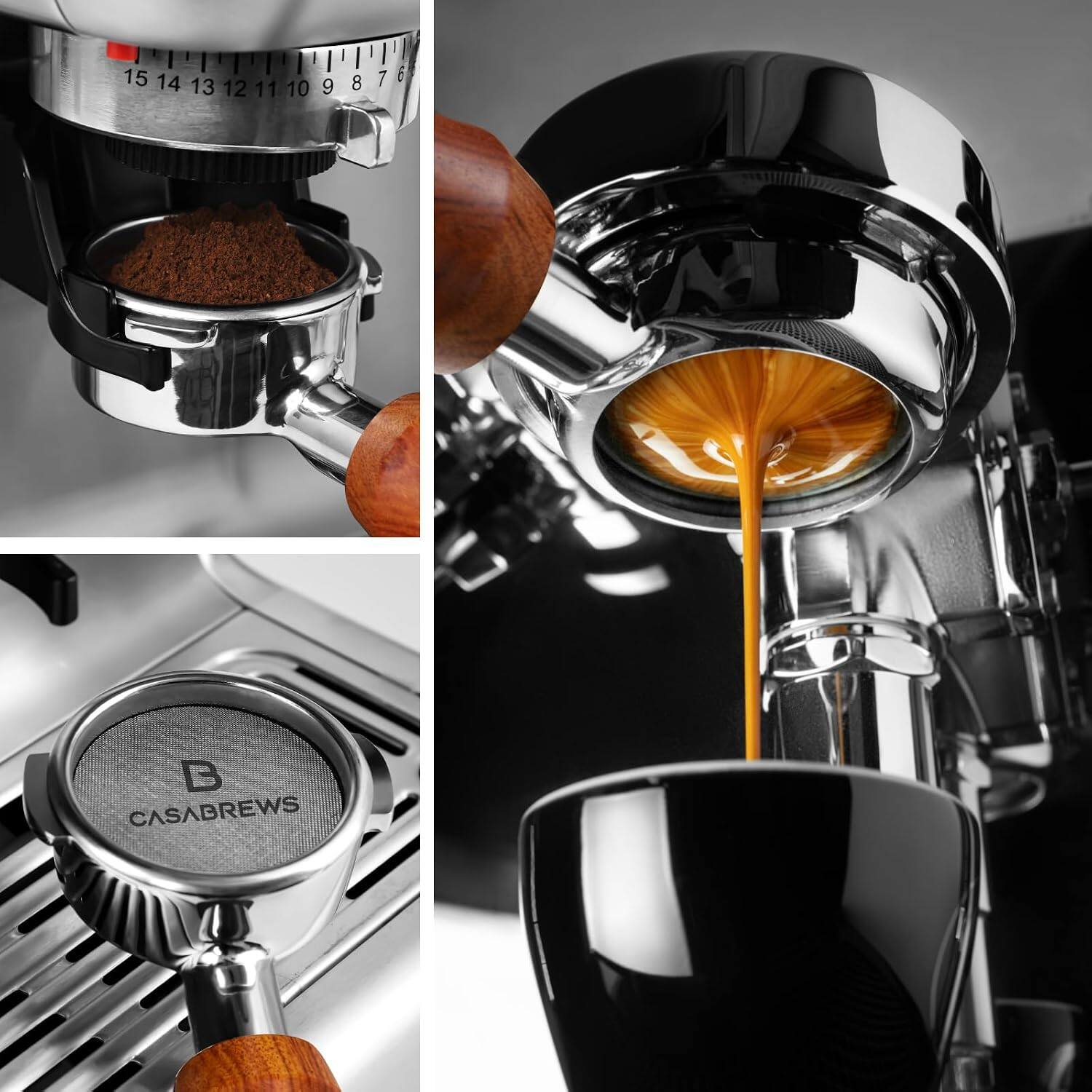 Alt View 2. Casabrews - CASABREWS 58mm Bottomless Portafilter with Wooden Handle, Stainless Steel Espresso Filter Holder with Double Shot Basket - Brown.