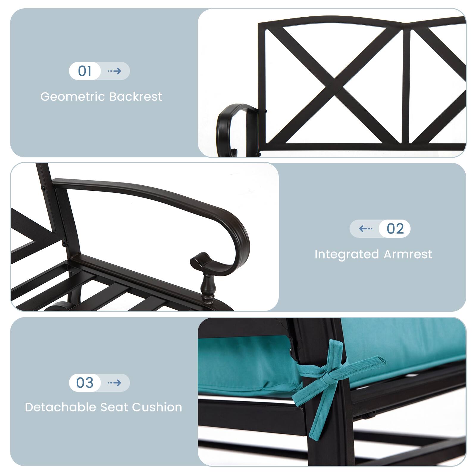 01 Geometric Backrest  
02 Integrated Armrest  
03 Detachable Seat Cushion