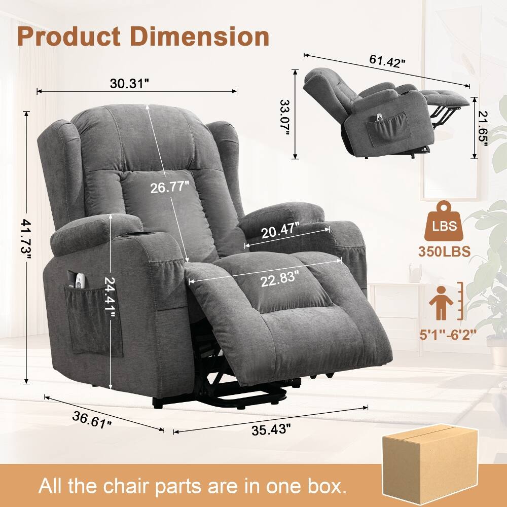 Product Dimension  
30.31" 33.07" 26.77" 41.73" 20.47" 24.41" 61.42" 21.65"  
LBS 350LBS  
5'1"-6'2"  
36.61" 35.43"  

All the chair parts are in one box.