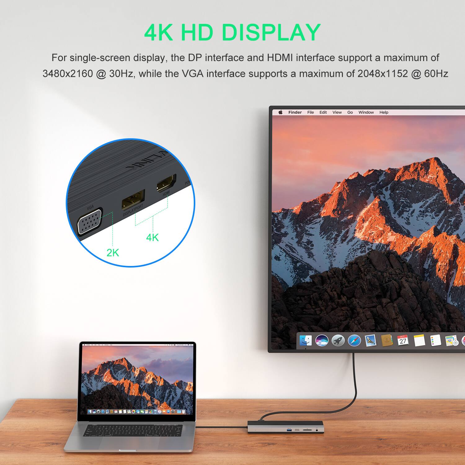 4K HD DISPLAY  
For single-screen display, the DP interface and HDMI interface support a maximum of 3480x2160 @ 30Hz, while the VGA interface supports a maximum of 2048x1152 @ 60Hz

Finder File Edit View Go Window Help

VGA
INITA DISPLAYPORT 4K
2K

0. 27
1
4
 0 1 # 7  g it
-  .
. 
- 1

1
1
C