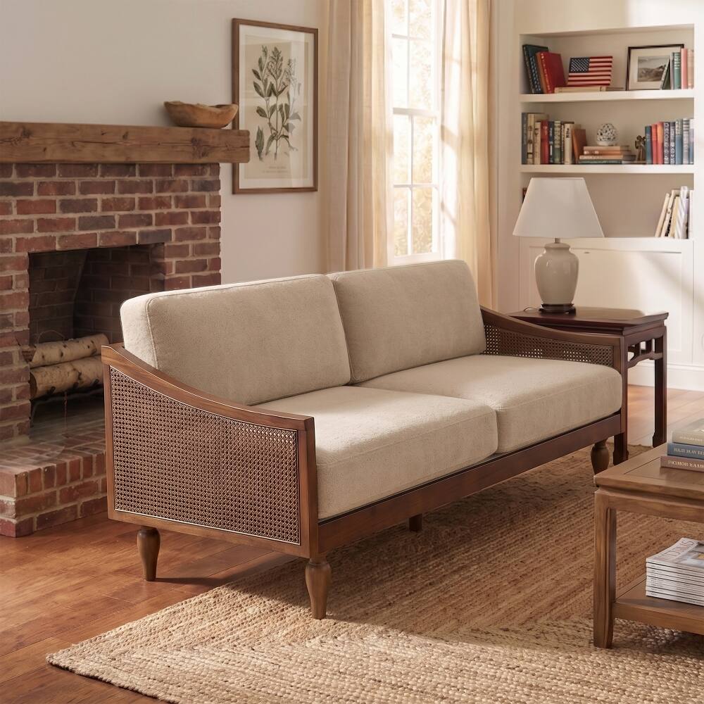 Front. Loheer - Loheer 70.9 Inch Mid-Century 3-Seater Sofa Light Brown Chenille Couch with Rattan Armrests - Light Brown.