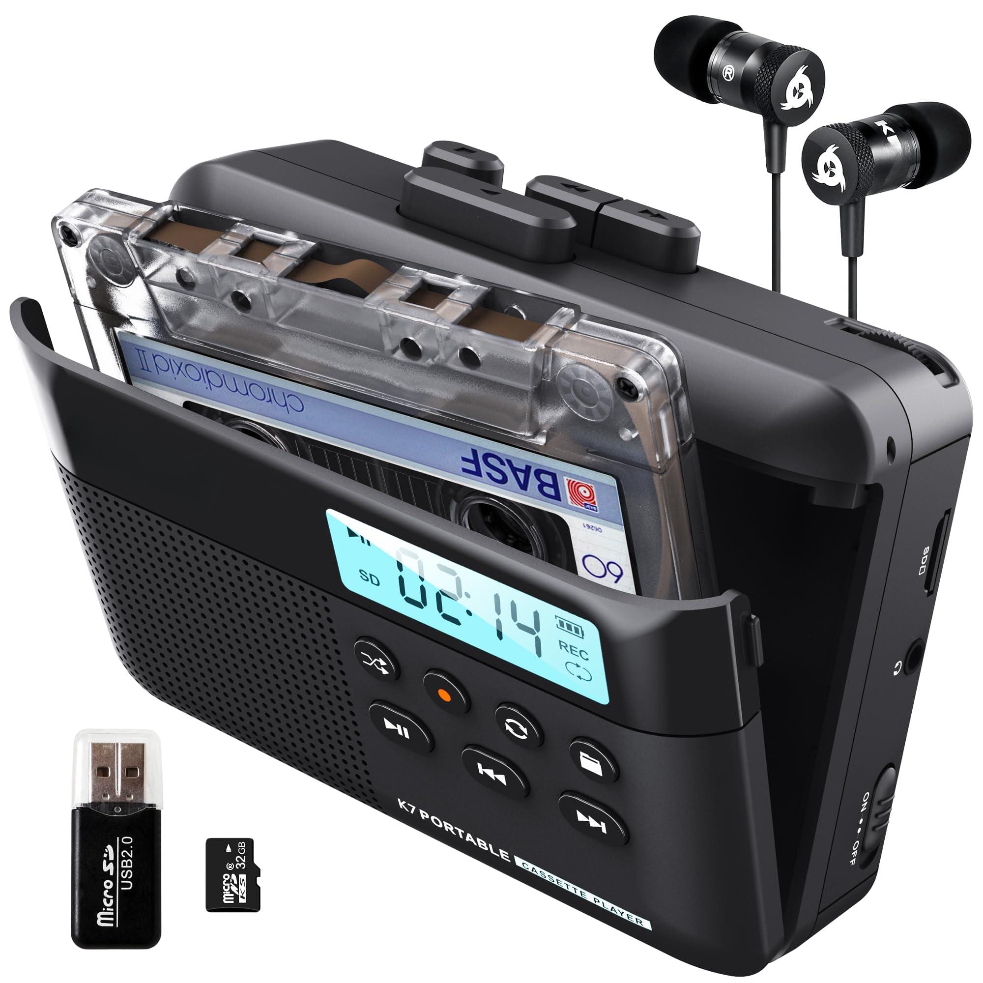 Dazzling Pops - K7 Cassette Tape Player To Mp3 Converter Portable Built in Microphone Rechargeable Earphones Sd Card - Default
