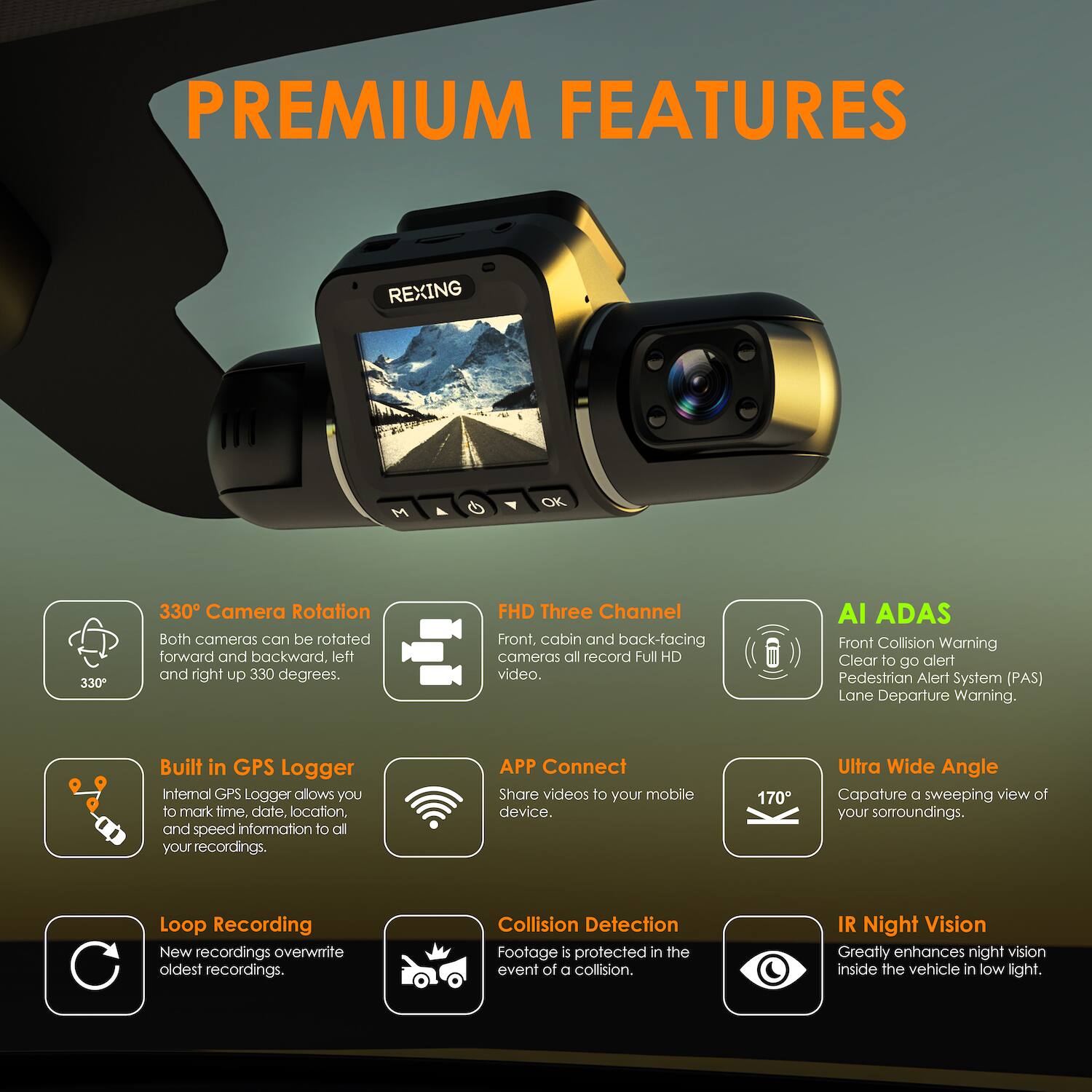 PREMIUM FEATURES

REXING

330° Camera Rotation
Both cameras can be rotated forward and backward, left and right up 330 degrees.

FHD Three Channel
Front, cabin and back-facing cameras all record Full HD video.

AI ADAS
Front Collision Warning
Clear to go alert
Pedestrian Alert System (PAS)
Lane Departure Warning

Built in GPS Logger
Internal GPS Logger allows you to mark time, date, location, and speed information to all your recordings.

APP Connect
Share videos to your mobile device.

170° Ultra Wide Angle
Capture a sweeping view of your surroundings.

Loop Recording
New recordings overwrite oldest recordings.

Collision Detection
Footage is protected in the event of a collision.

IR Night Vision
Greatly enhances night vision inside the vehicle in low light.
