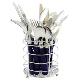 Gibson - Sensations II 16 Piece Stainless Steel Flatware Set with Cobalt Handles and Chrome Caddy - Silver